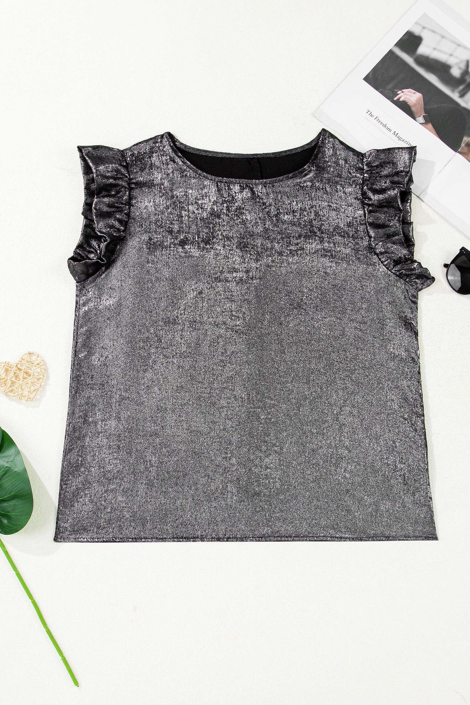 Threaded Pear Womens Amelia Ruffle Trim Sleeveless Metallic Top