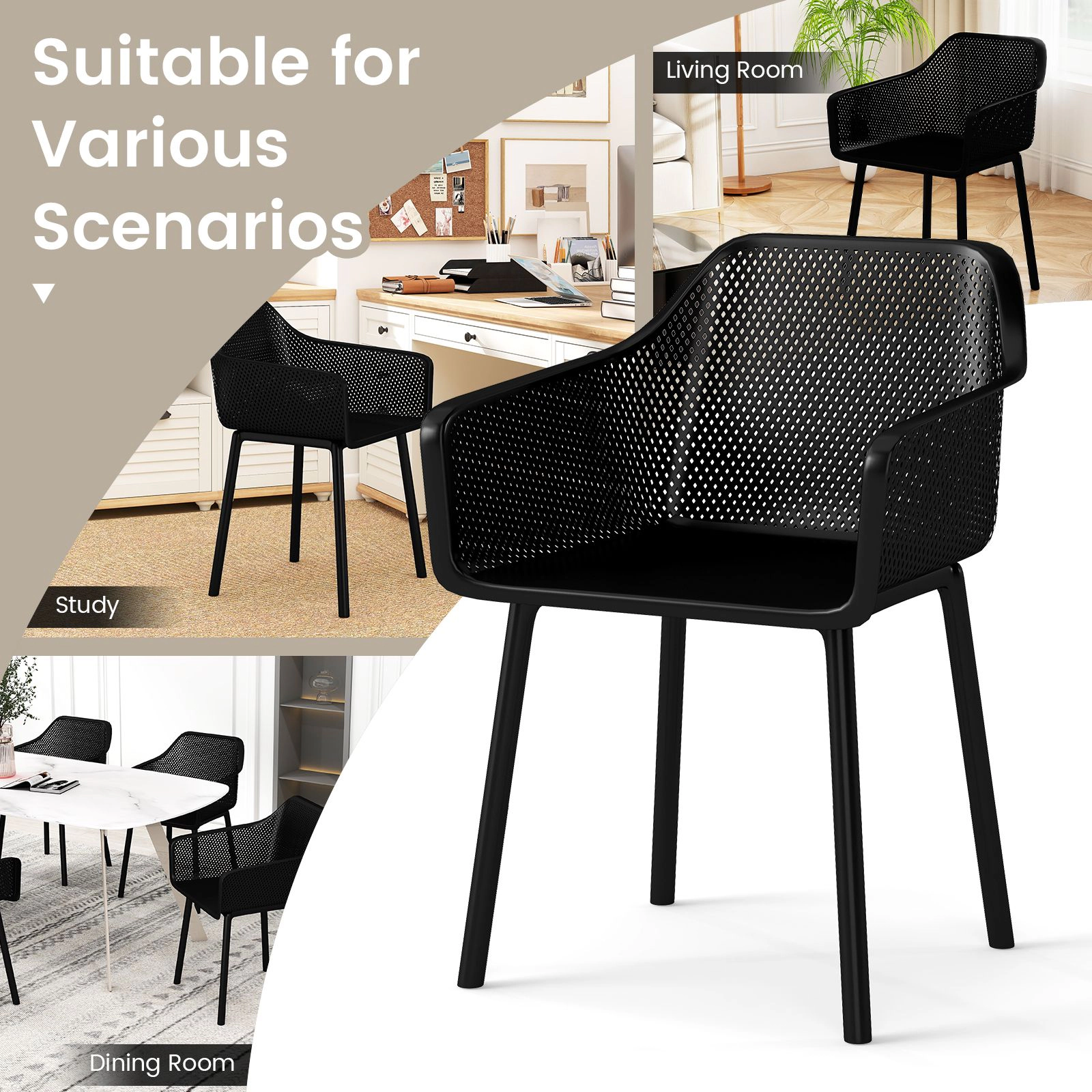 SlickBlue Black Plastic Dining Chairs Set of 2, Armrest Mesh Back