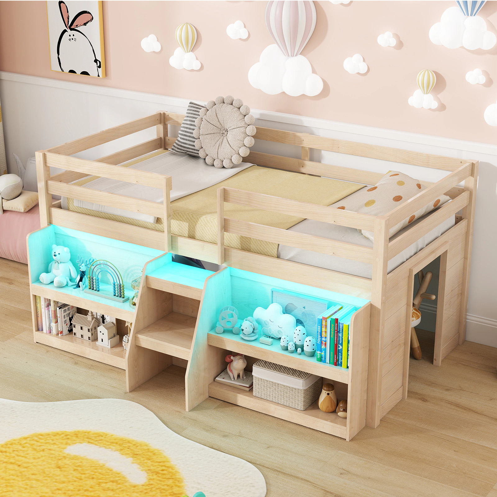 SUGIFT Twin Loft Bed with Staircase, Dimmable LED Lights and 2 Bookshelves
