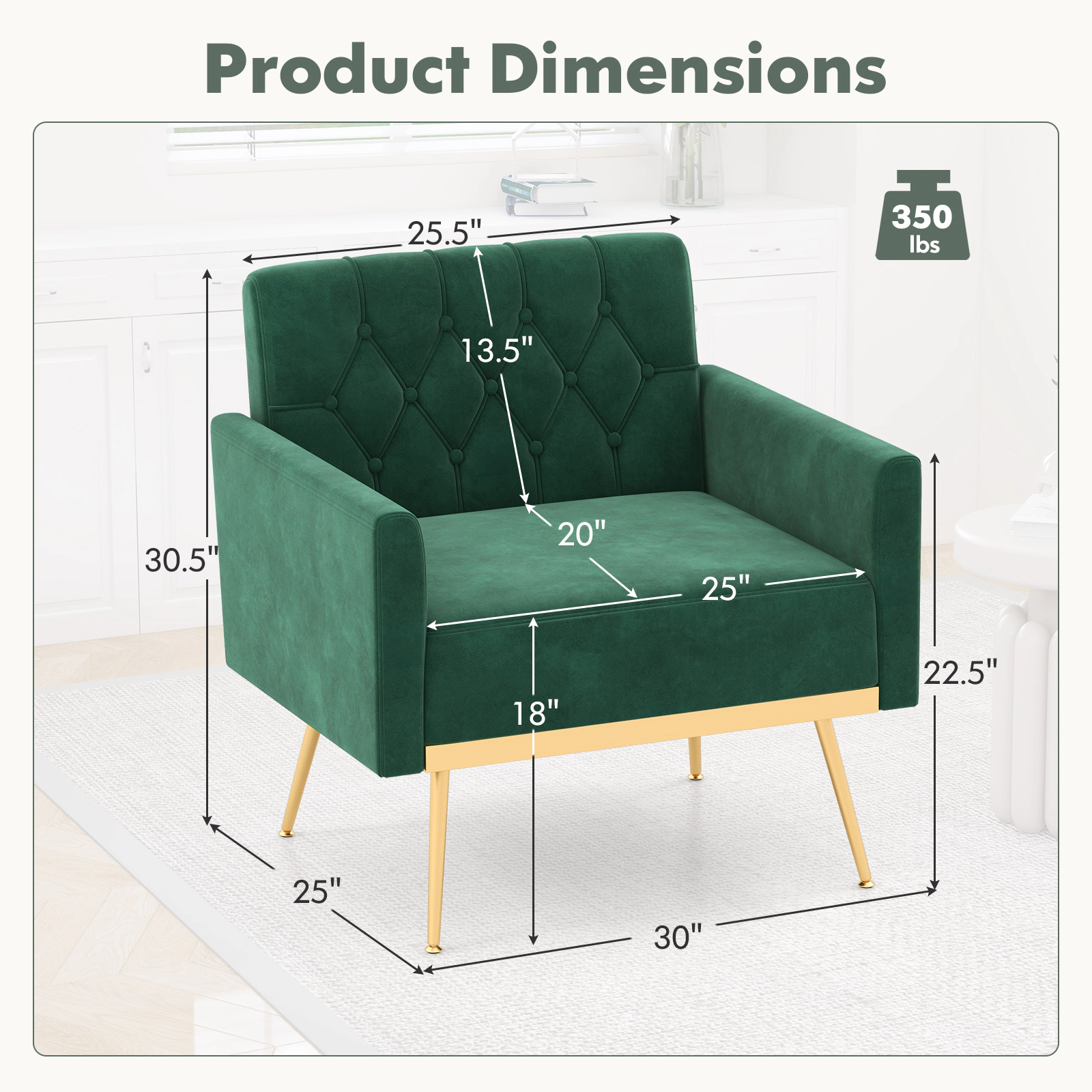 SUGIFT Turquoise Button Tufted Back Golden Metal Legs and Adjustable Pads Velvet Accent Chair