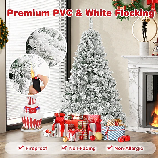 SUGIFT 3-Minute Quick Shape Flocked Artificial Christmas Tree with Warm White LED Lights 6 ft Green & White