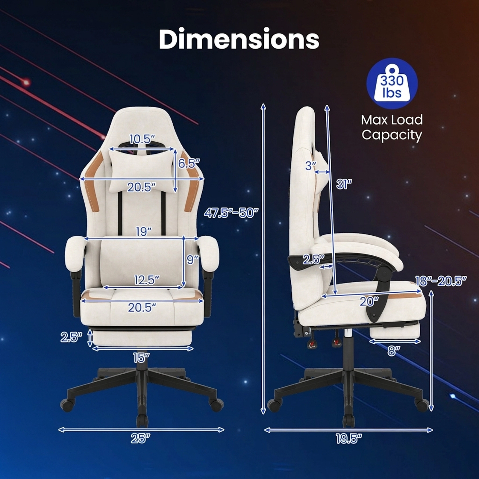 SUGIFT Beige Ergonomic Gaming Chair with Headrest, Lumbar Cushion and Footrest
