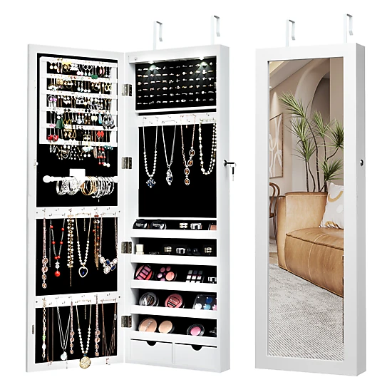Glintex Lockable Wall-Mounted Jewelry Cabinet with Full Mirror and 8 LED Lights, White