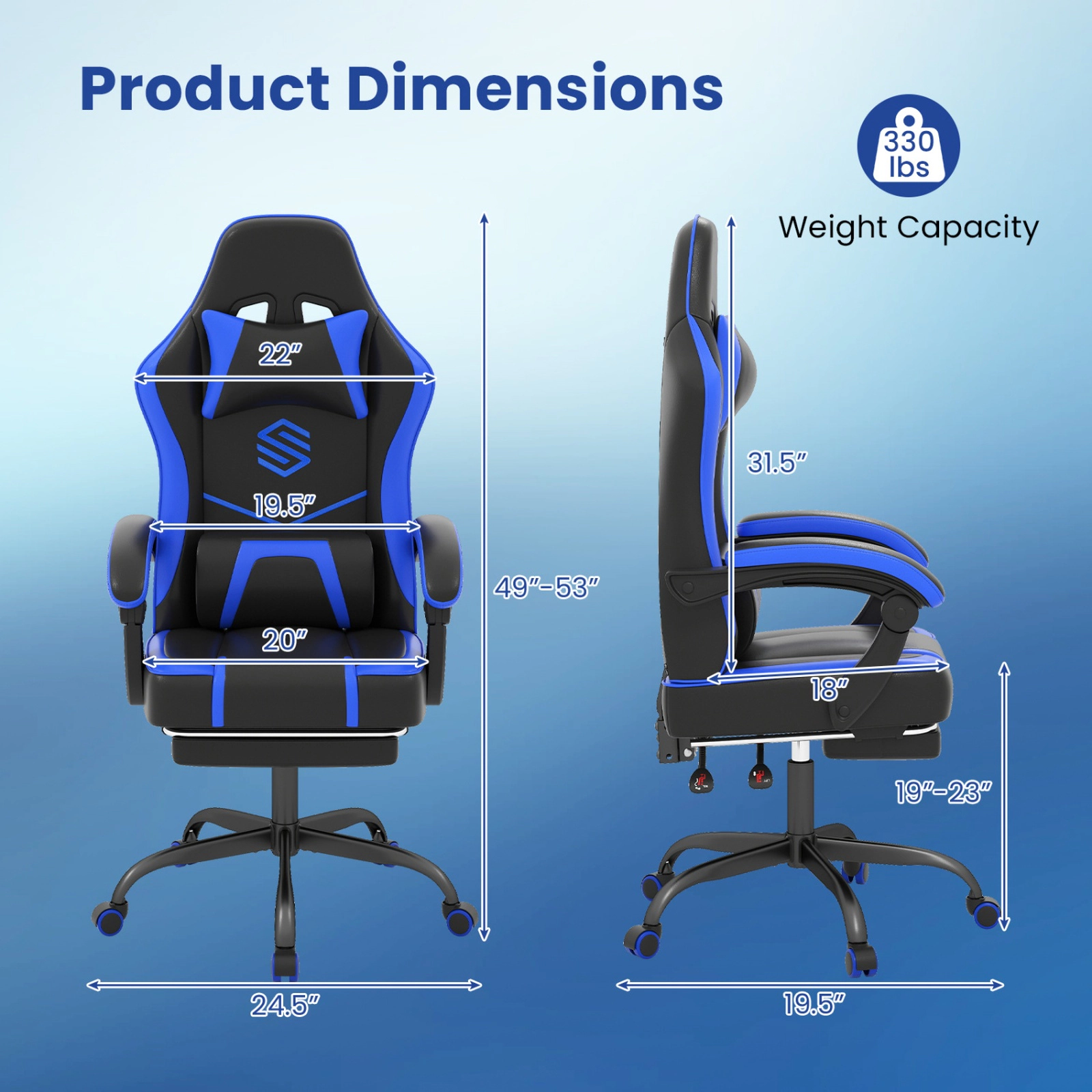 SUGIFT Navy Ergonomic Reclining Gaming Chair with Footrest and Headrest