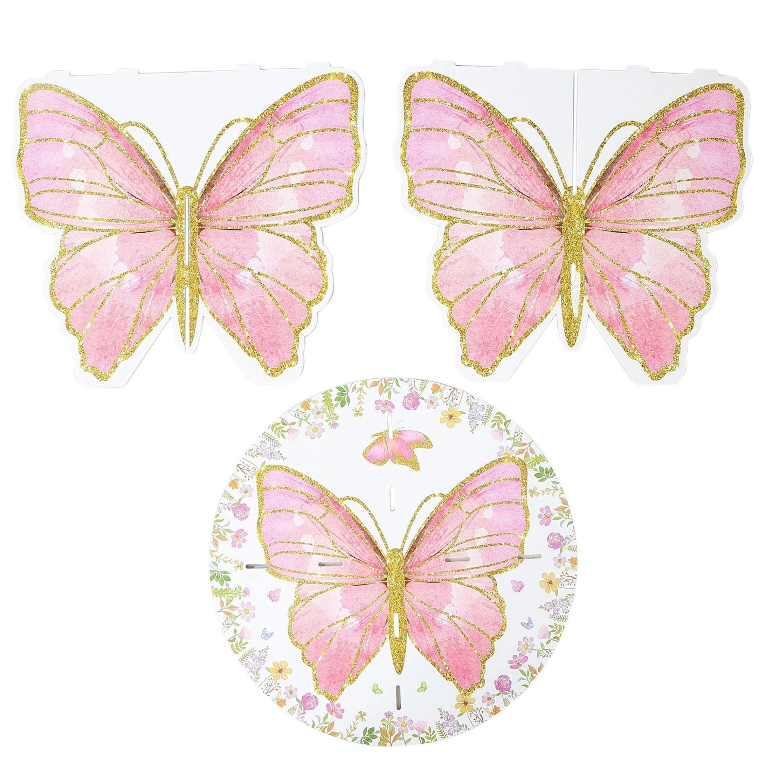 Home Collection White & Pink 3-Tier Glitter Butterfly Cake Stand with Floral Design
