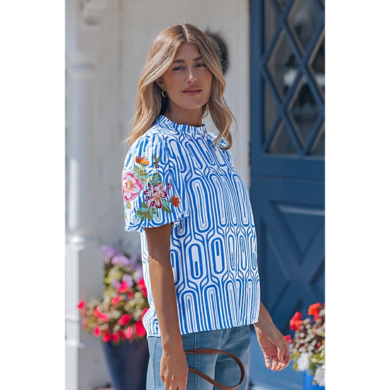 Aadhya Embroidered Puff Sleeve Blouse - Sky Blue