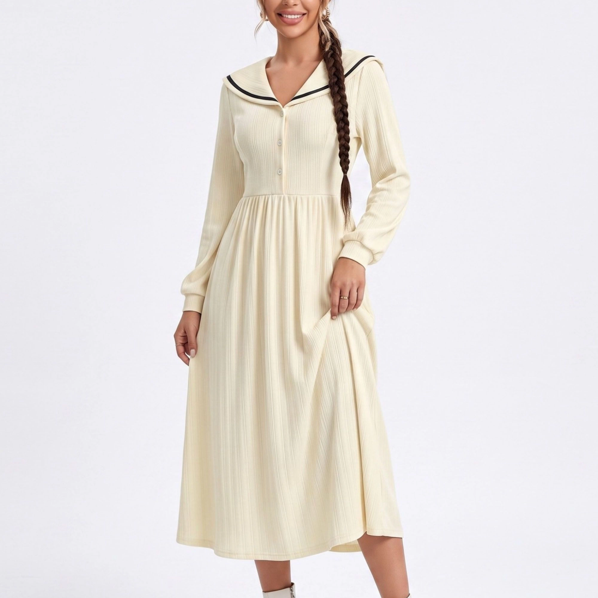Anna-Kaci Women's Cream Sailor Collar Long Sleeve Button Front Fit Flare Midi Dress