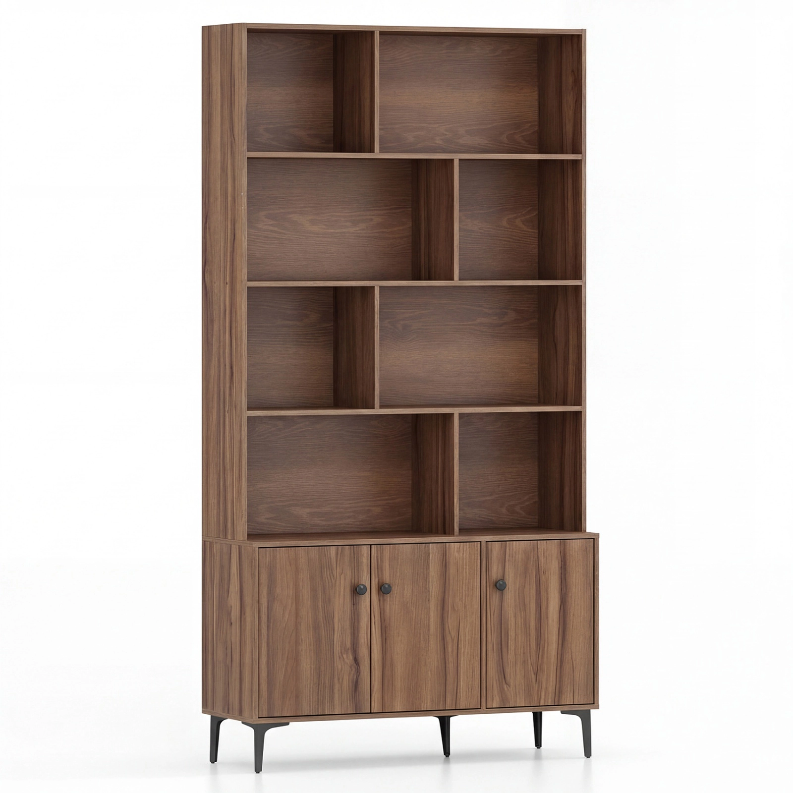 SUGIFT 68.5-in Tall Bookshelf with 3 Doors Open Shelves & Enclosed Cabinet 22-lb Shelf Capacity Home Office Walnut/White