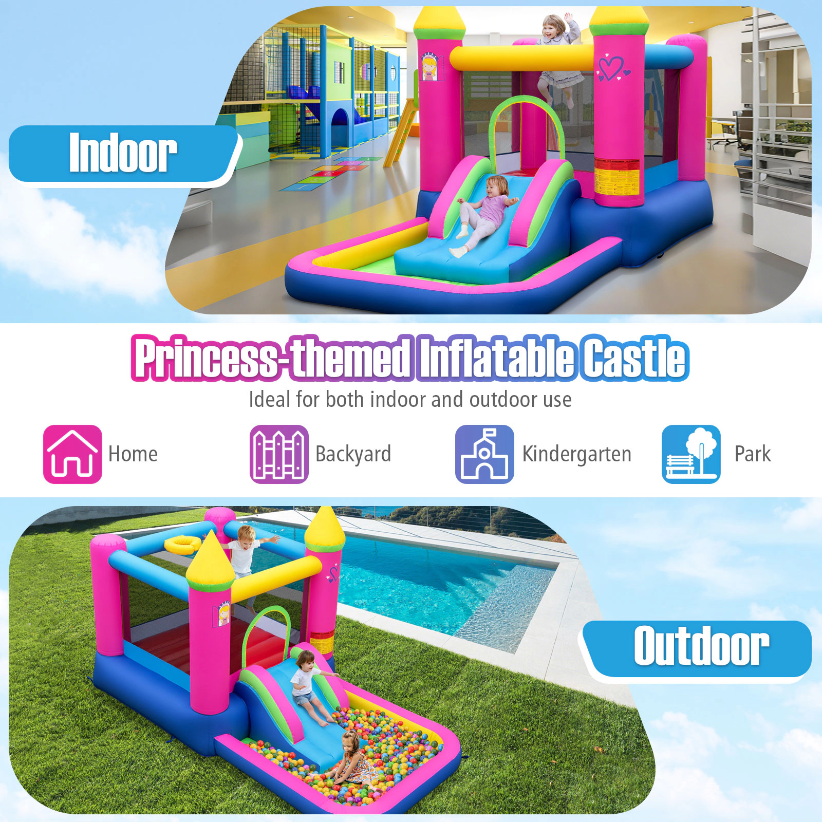 4-in-1 Princess Bouncy Castle Inflatable Bounce House with Slide Basketball Hoop Ball Pit