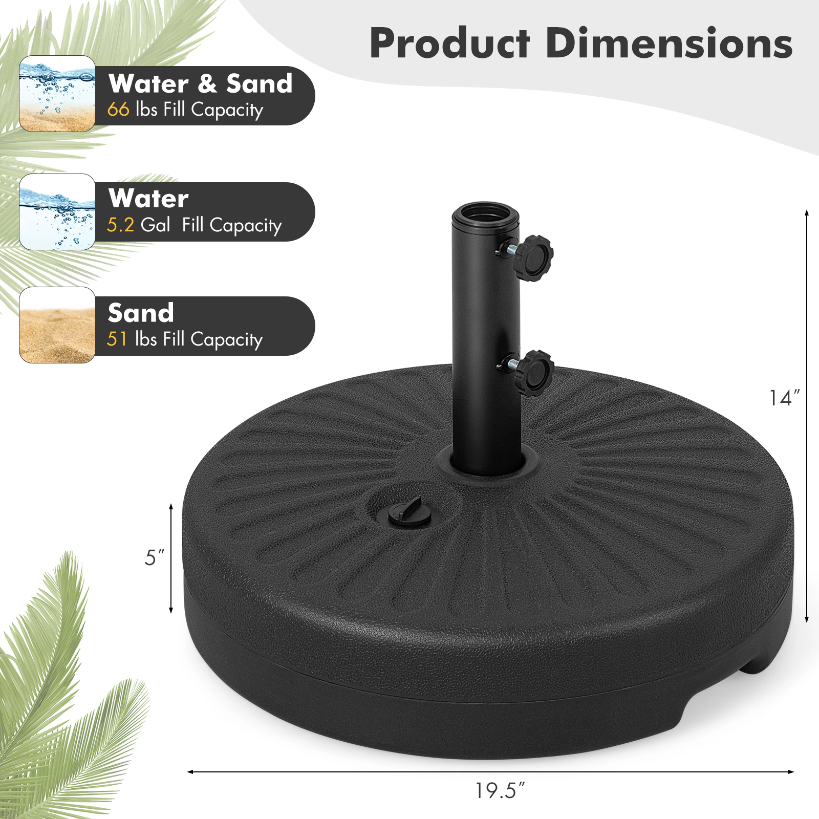 Slickblue Fillable Patio Umbrella Base Stand Black for 9 to 10 Ft Market Umbrellas