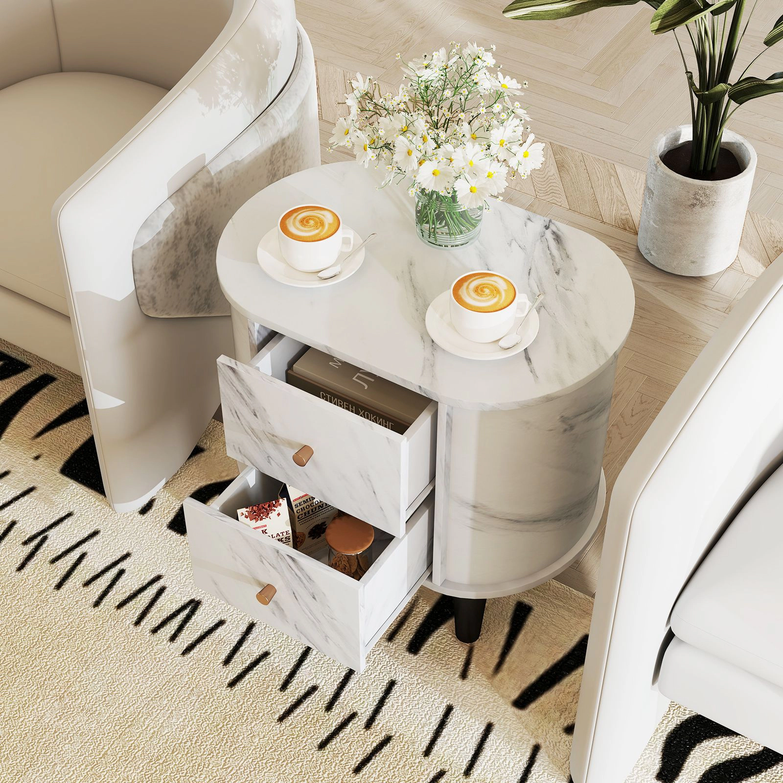 SlickBlue 2-Drawer Faux Marble Nightstand Bedside Table