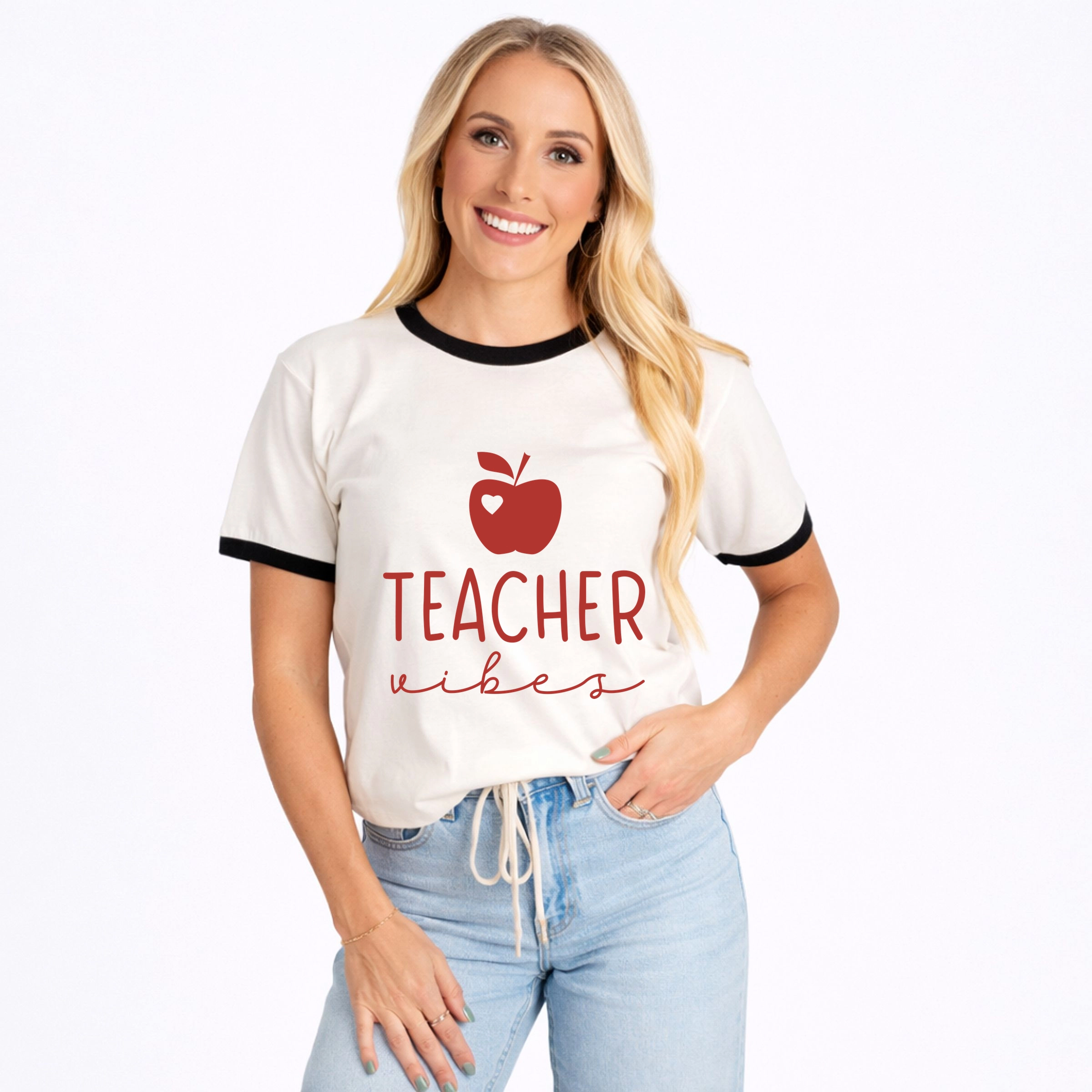 Simply Sage Market - Teacher Vibes Cursive Apple Women's Ringer Graphic T-Shirt