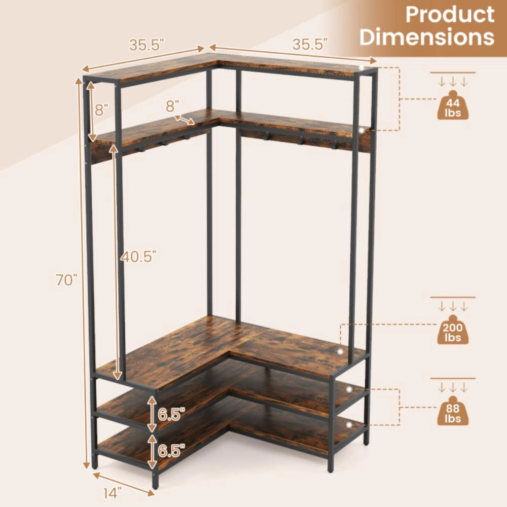 Hivvago Corner Garment Rack with Open Shelves and 7 Hooks Shoe Bench-Rustic Brown