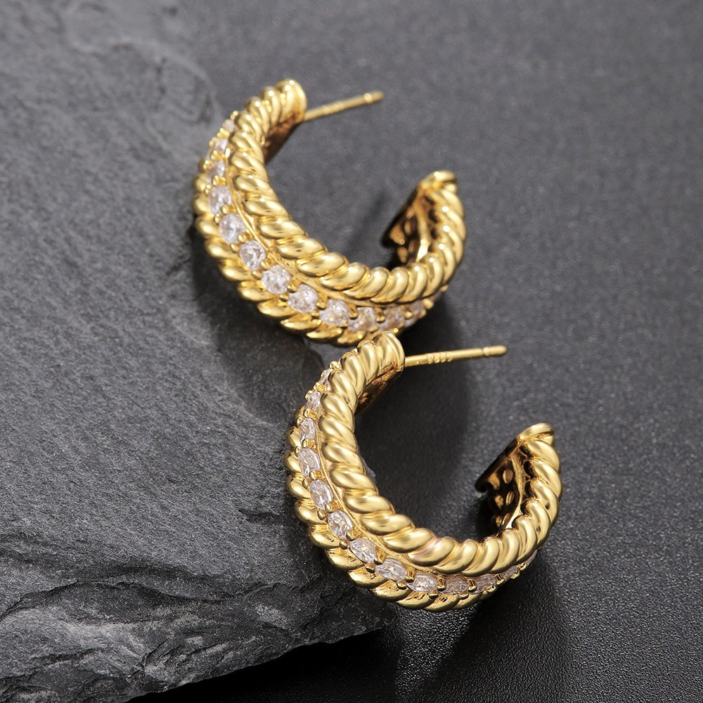 Twisted Rope Pave Cubic Zirconia C-Hoop Stud Earring