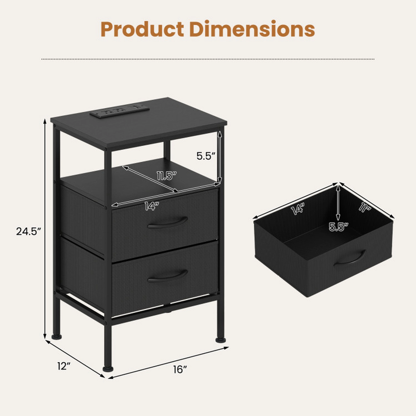 SUGIFT Charging Station 2 Fabric Drawers and Open Compartment 24.5 Inch Nightstand