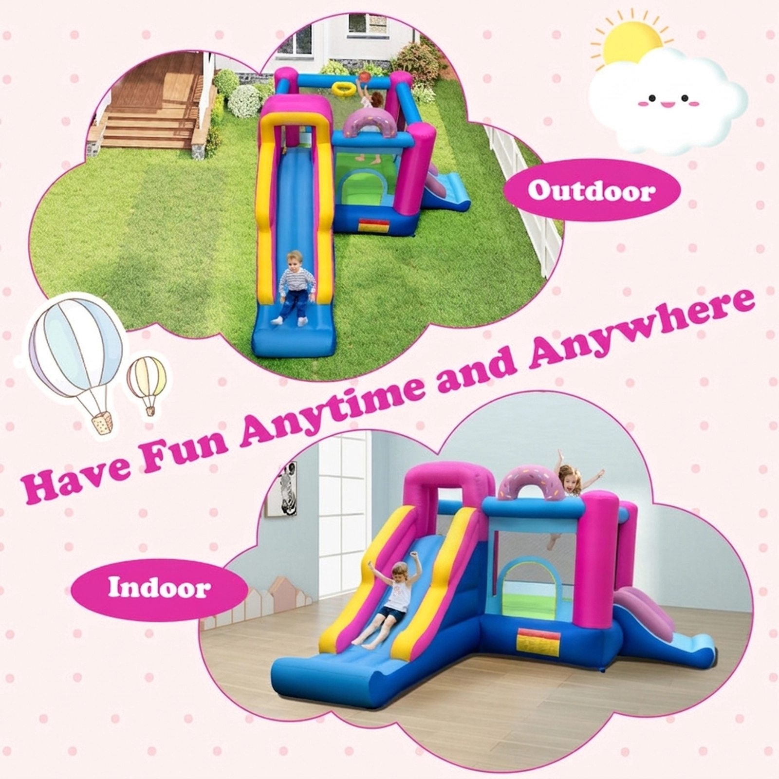 SUGIFT Sweet Doughnut Inflatable Bounce House with Slides and Basketball Hoop 200-lb Capacity Ages 3-12 Multi-color