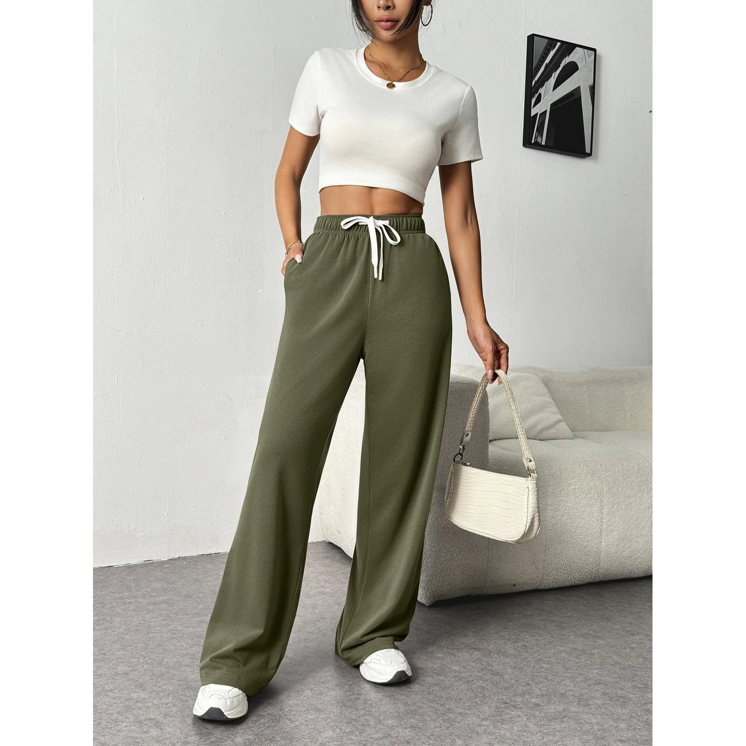 Pinspark Womens Wide Leg Drawstring Pants Fall Elastic High Waist Loose Lounge
