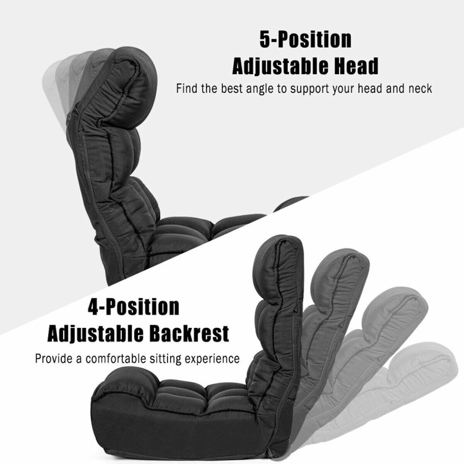SUGIFT 4-Position Adjustable 286-lb Capacity Black Steel Frame Folding Floor Chair and Lazy Sofa