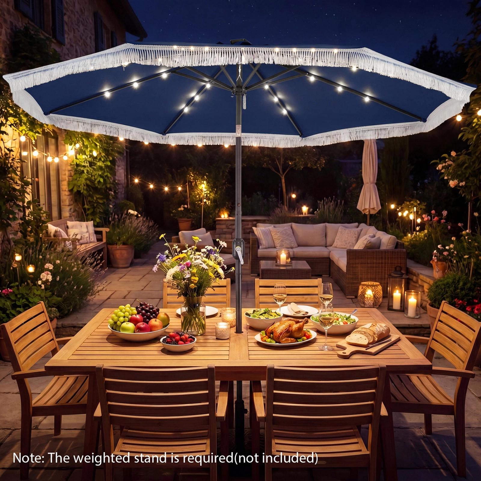 SUGIFT 10-ft Navy Blue Solar Patio Umbrella with 24 LED Lights Boho Tassel Fringe and Detachable Pole