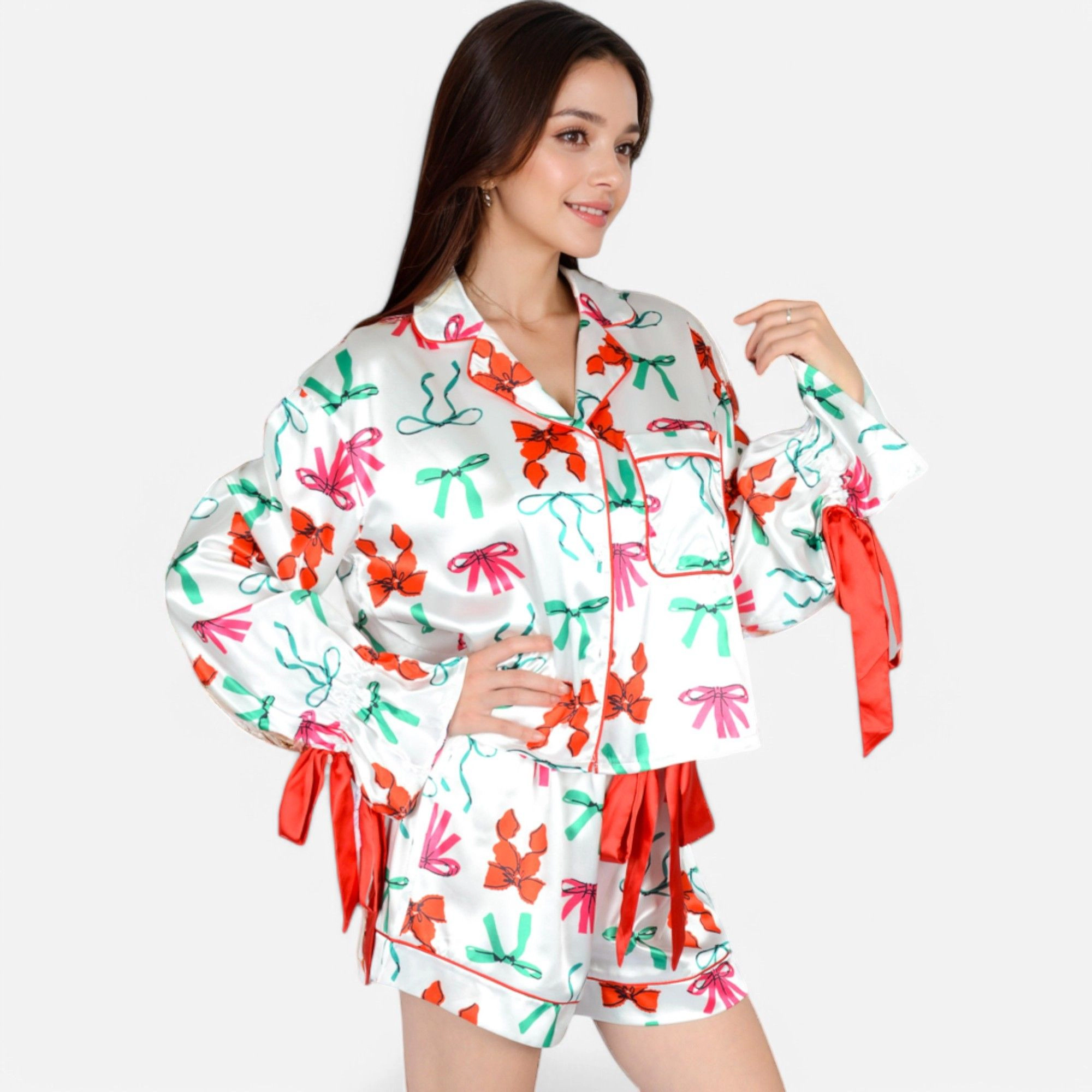 Anna-Kaci Women's Holiday Bow Print Pajama Set with Ribbon Tie Details and Button Up Top