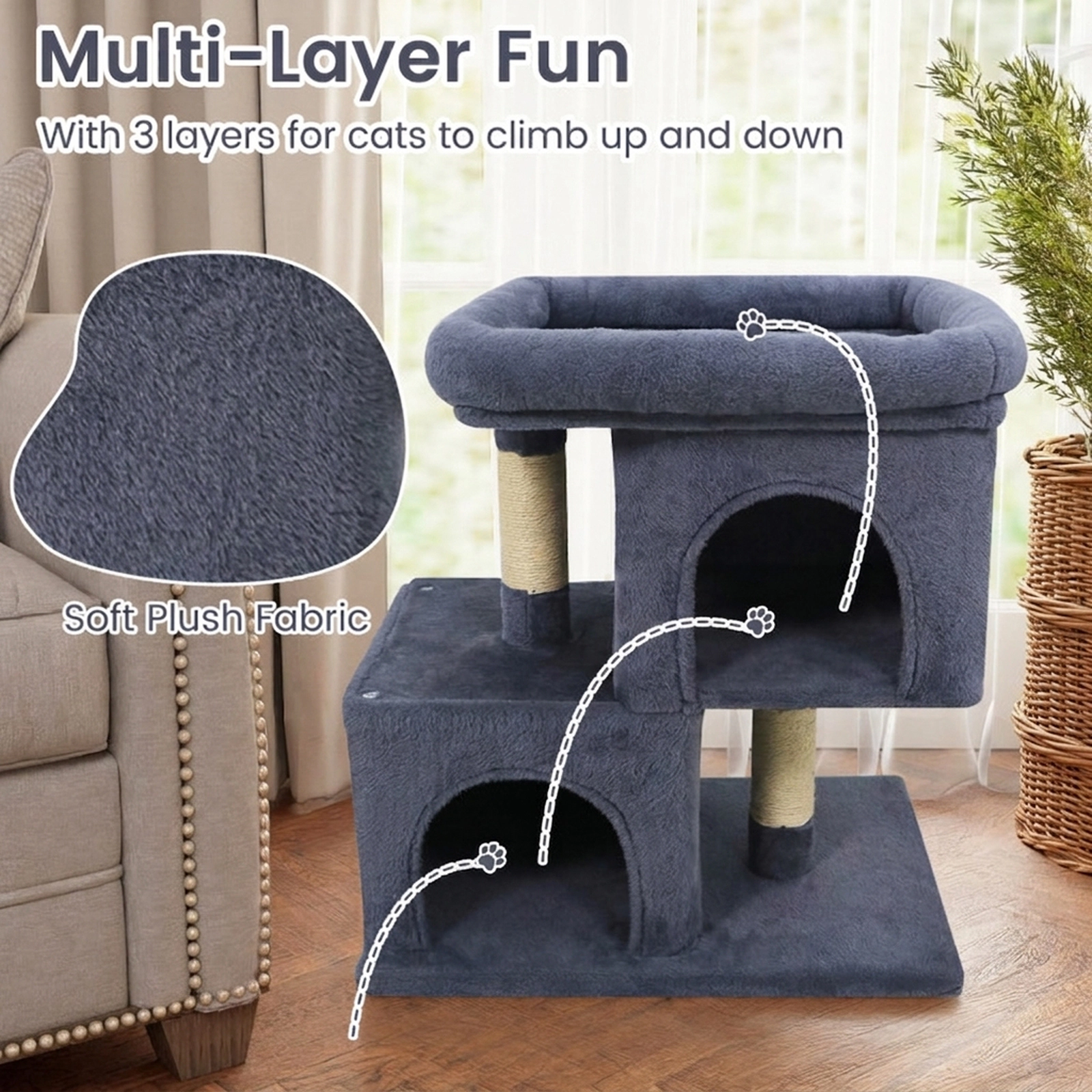 SUGIFT Dark Gray Space-Saving Cat Tower with 19 in Upholstered Perch and 2 Condos