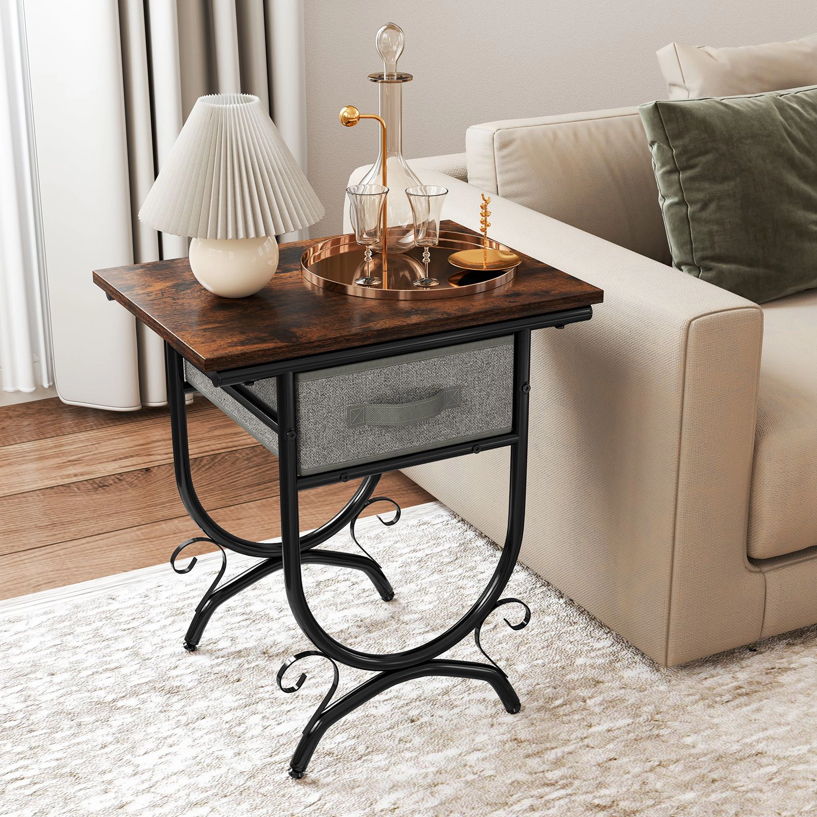 SlickBlue Unisex Black Gray Nightstand with Fabric Drawer