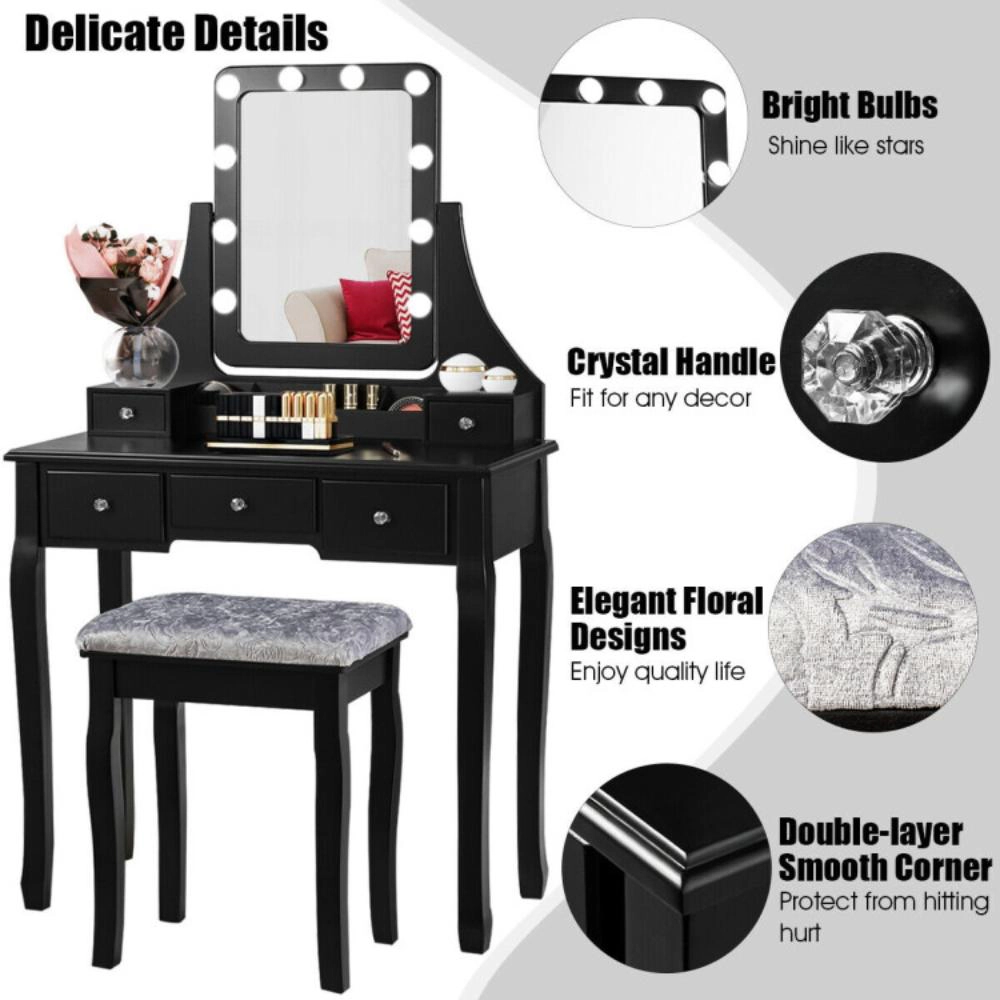 Hivvago Vanity Dressing Table Set With 10 Dimmable Bulbs And Cushioned Stool