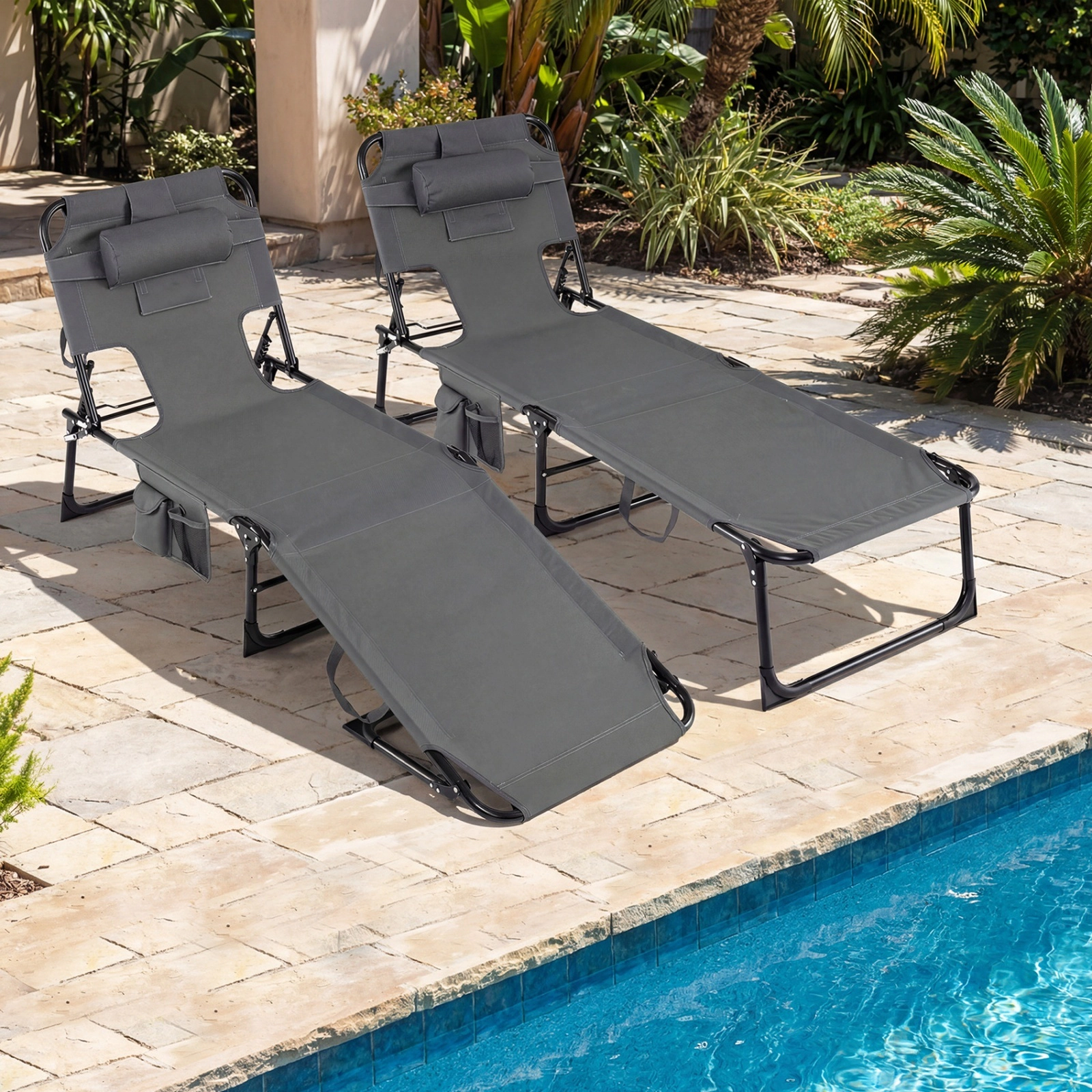 Sunbathing Chair with Face and Arm Holes Folding Beach Lounge Chair with Removable Pillow Side Pockets Gray