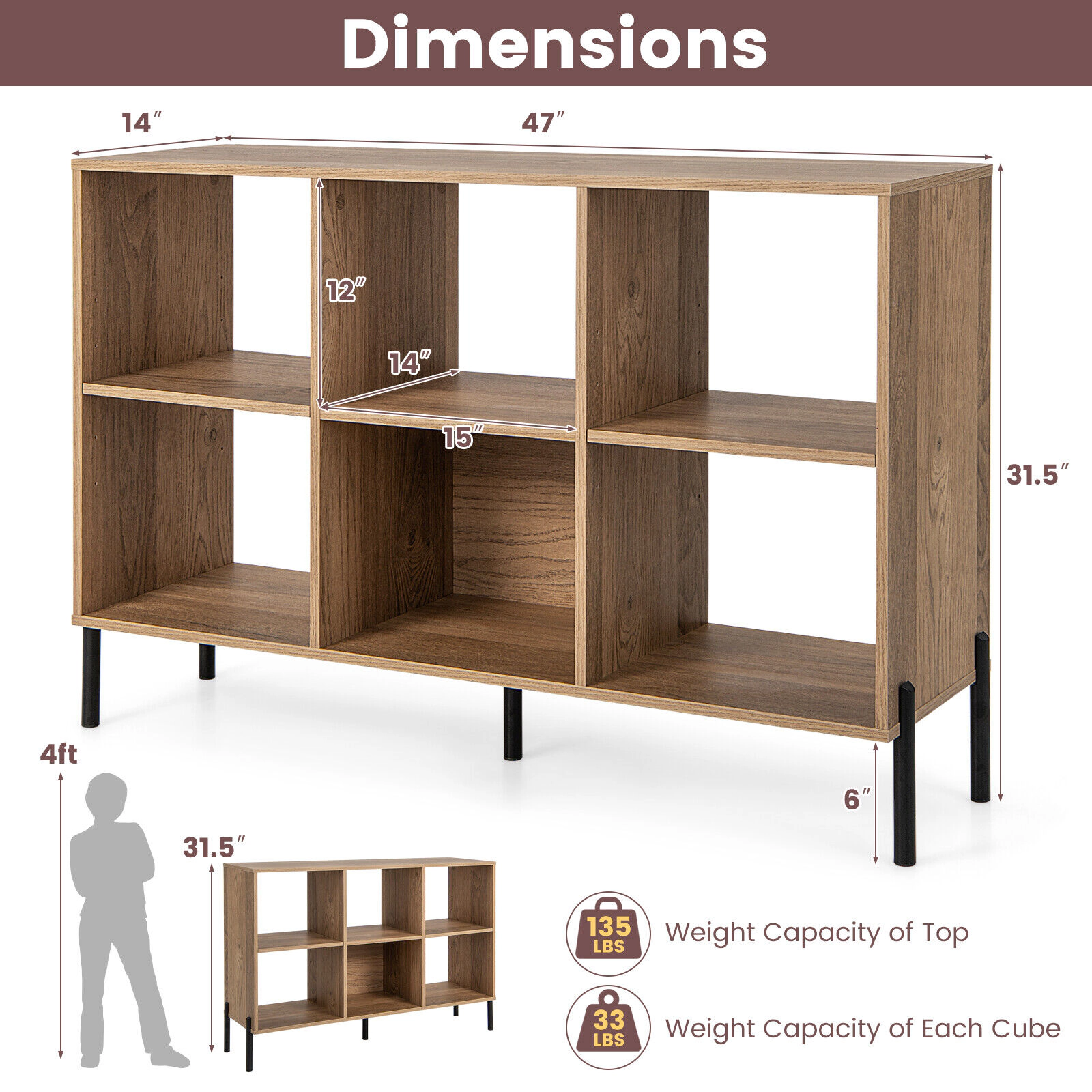 SUGIFT Natural Open-Back Bookshelf with Drawer 5 Metal Legs and 6 Cubes