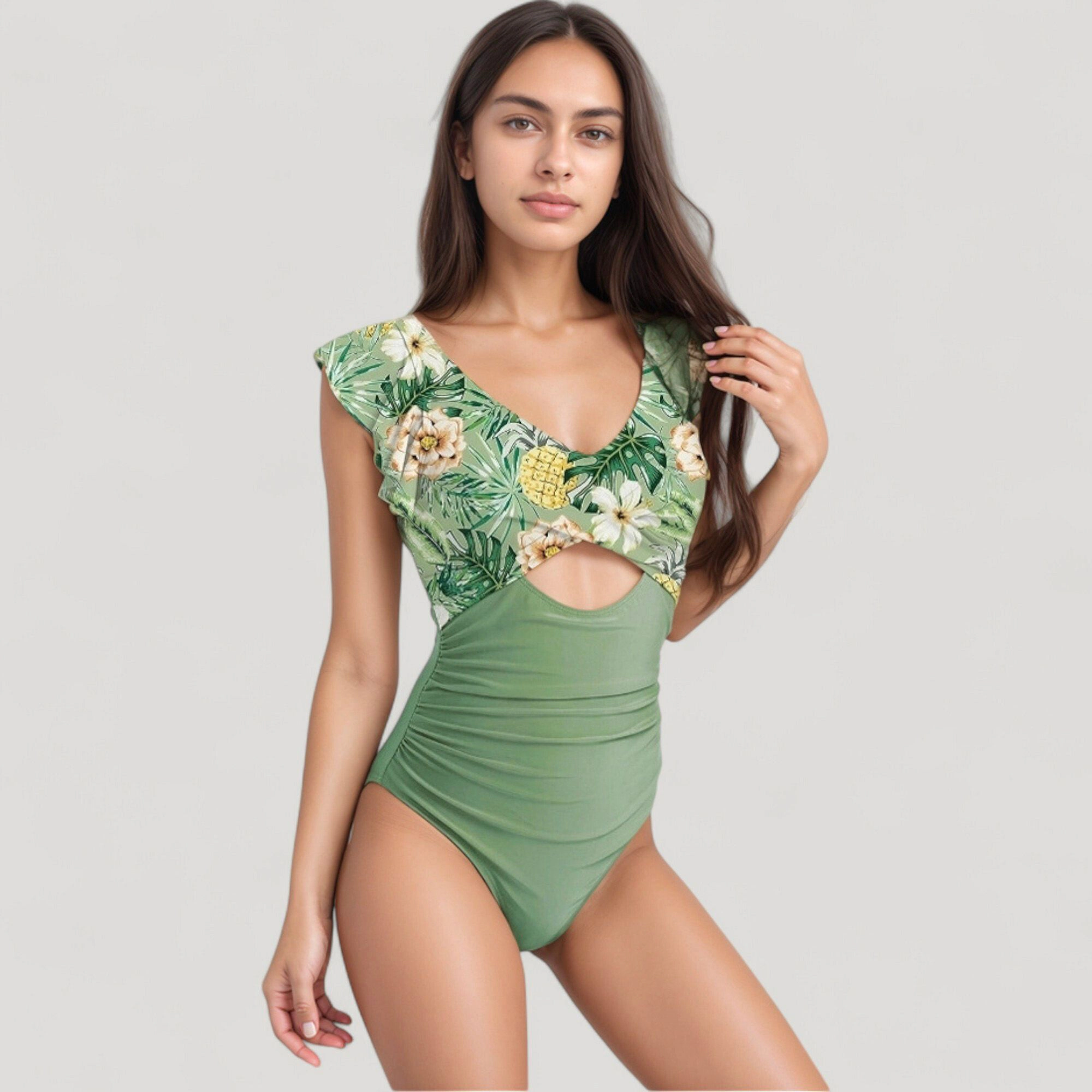 Anna-Kaci Women's Ruffle Sleeve One-Piece Swimsuit Cut Out Front Detail Ruched Waist Deep V Neckline