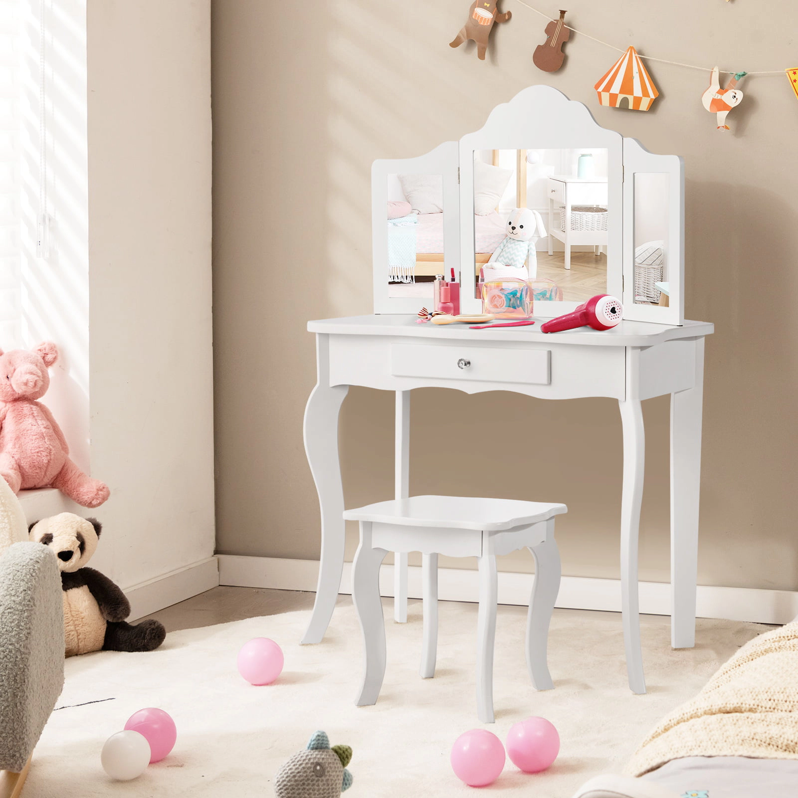SUGIFT Kids Makeup Dressing Mirror Vanity Table & Stool Set 27.5-in Dresser 33-lb & 66-lb Capacity Pink/White 2-Piece