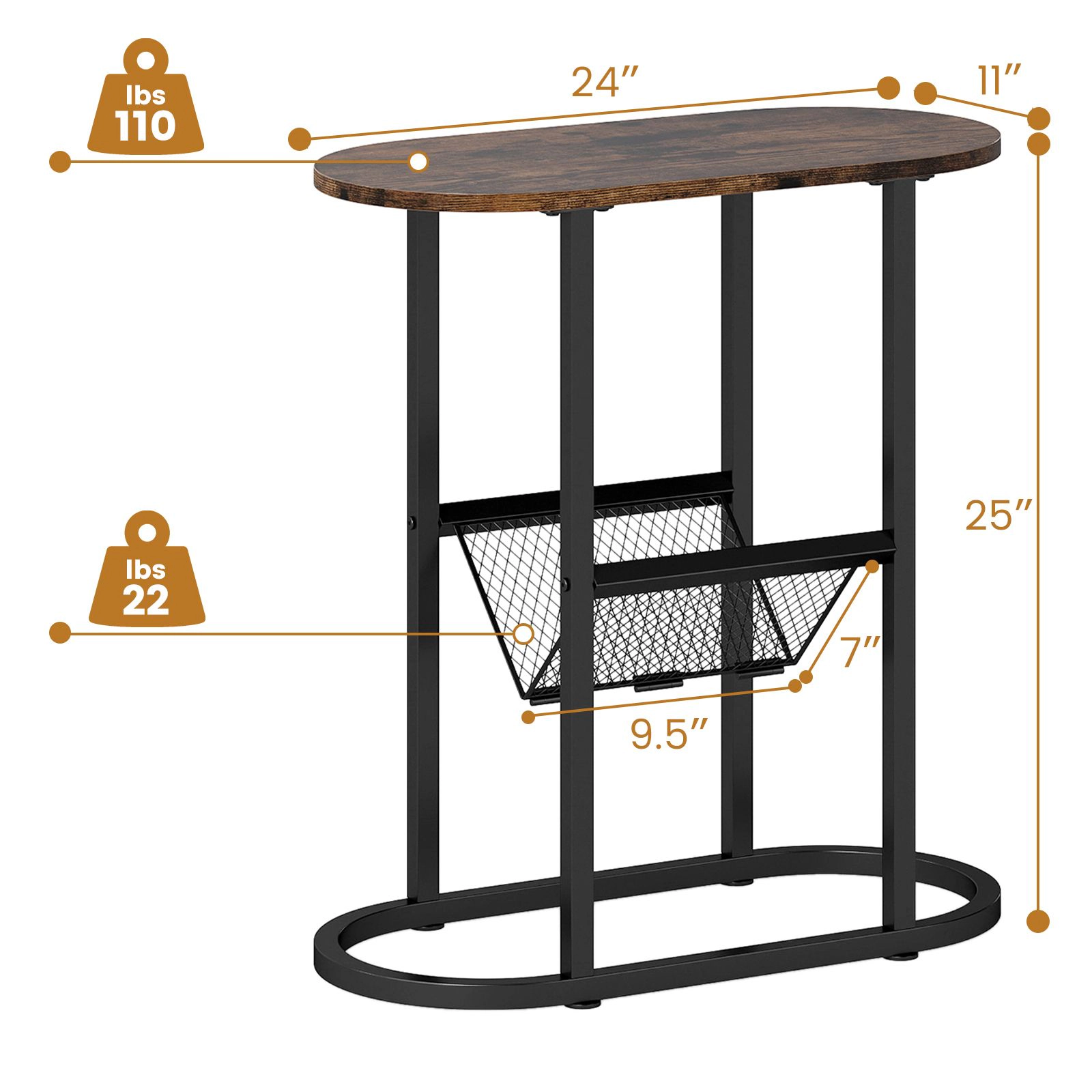 SlickBlue 2-Tier Narrow Side Table with Mesh Storage Shelf