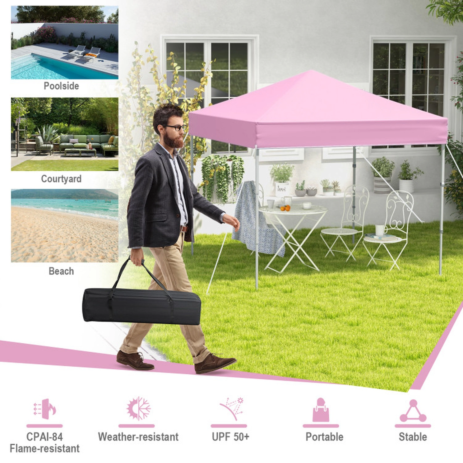 SUGIFT Pink 6.6-ft by 6.6-ft UPF50+ Flame-Resistant Oxford Pop Up Canopy Tent with 34-in Carry Bag