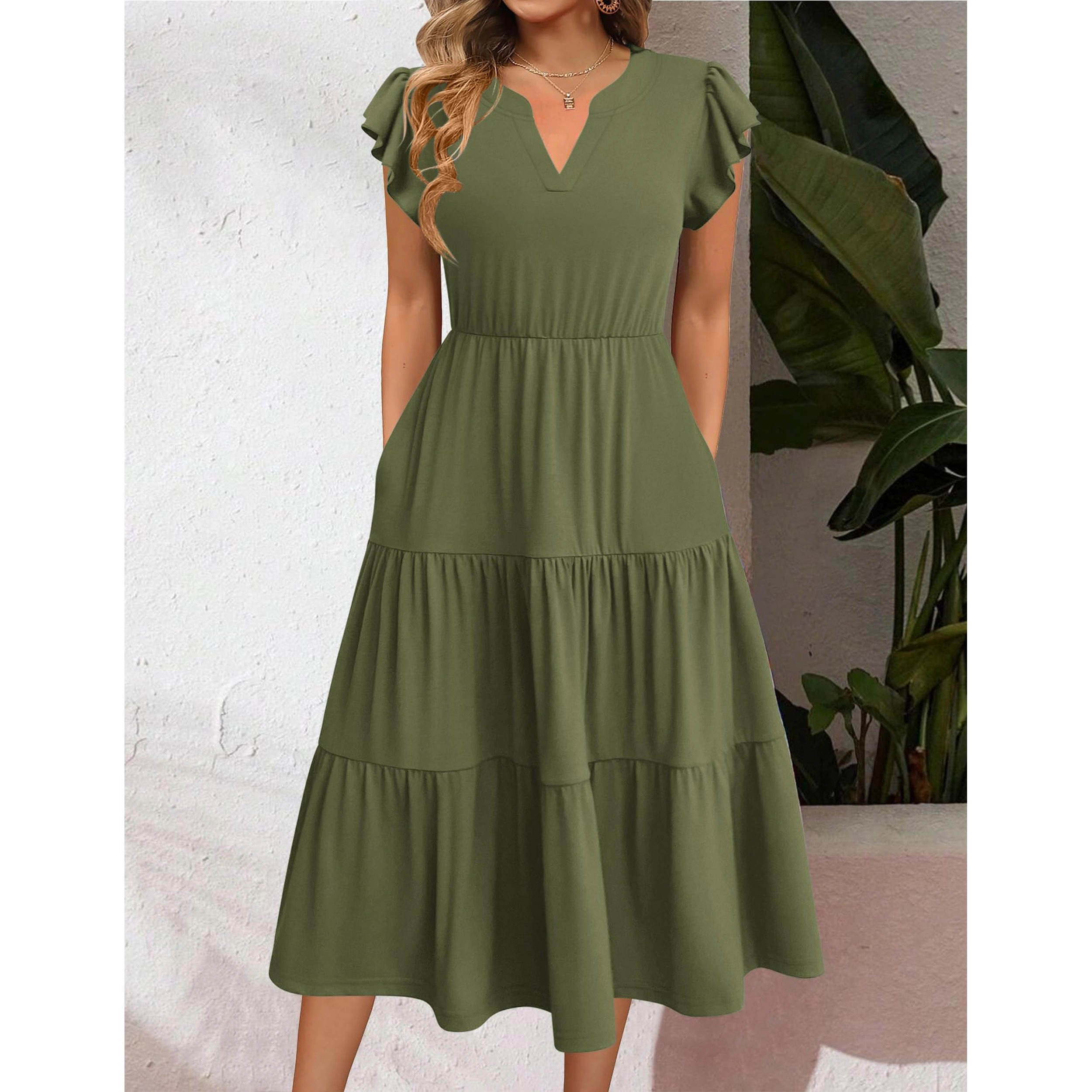 Zeagoo Women's V Neck Short Sleeve Midi Dress