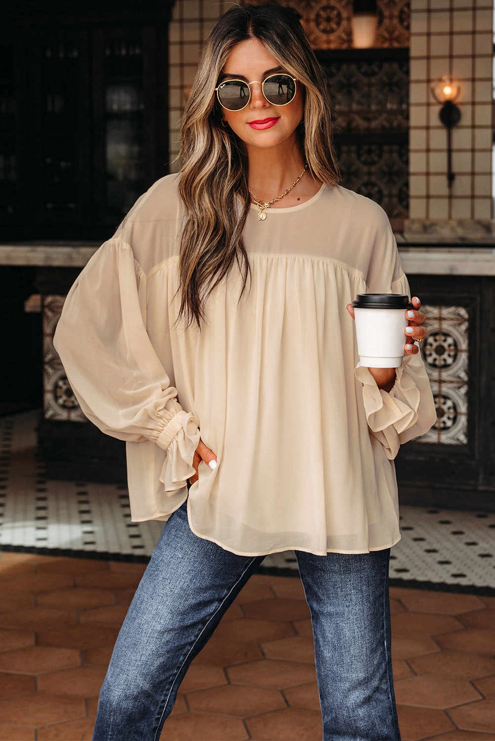 Threaded Pear Women's Mayaevi Sleeve Chiffon Blouse Long Sleeve Top