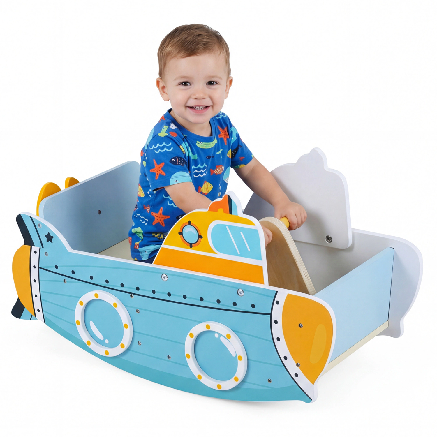 LJG Kids Submarine Wooden Climbing Toy with Rotating Propeller and Rocking Climber