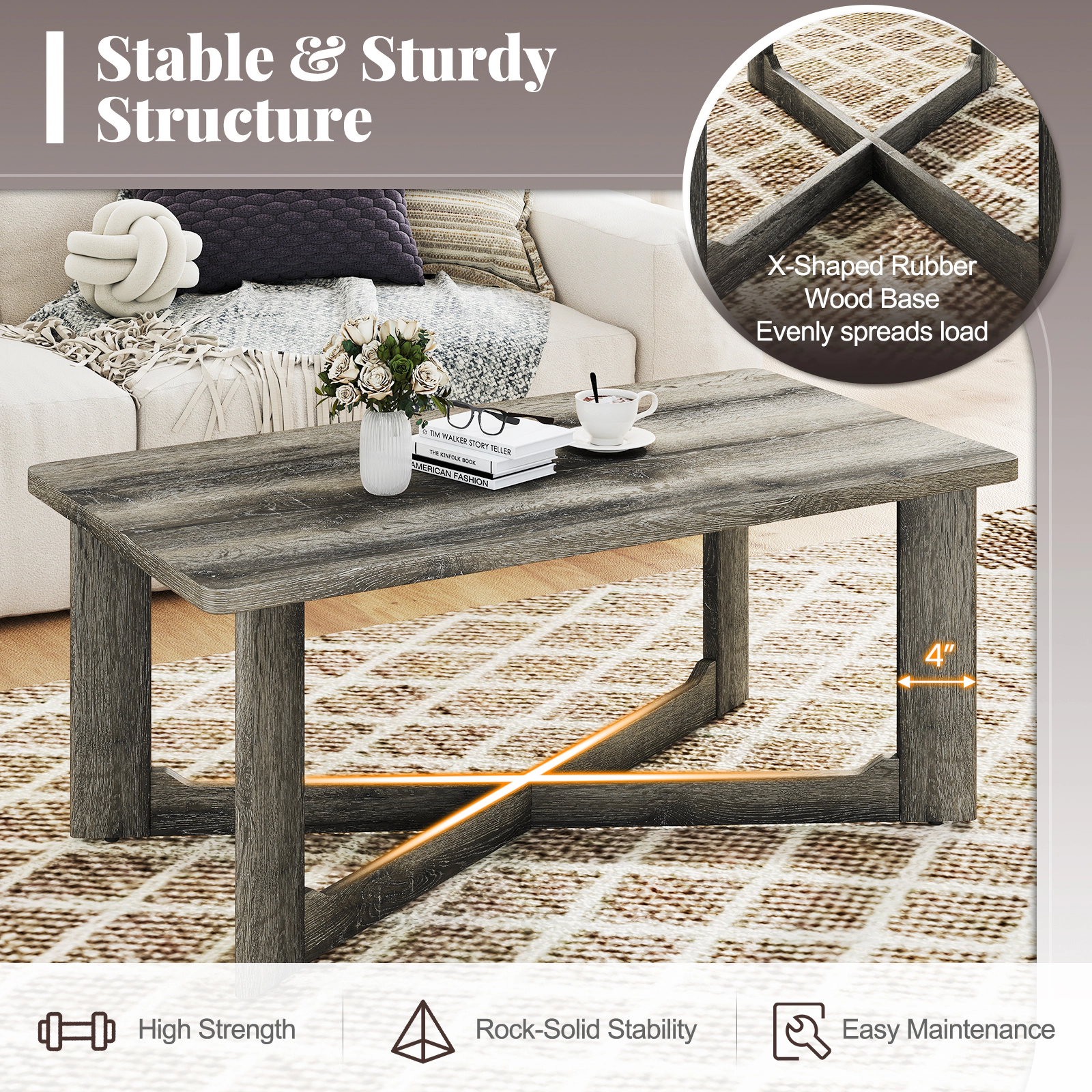 Glintex 44-Inch Rectangular Coffee Table with X-Shaped Rubber Wood Base, Gray