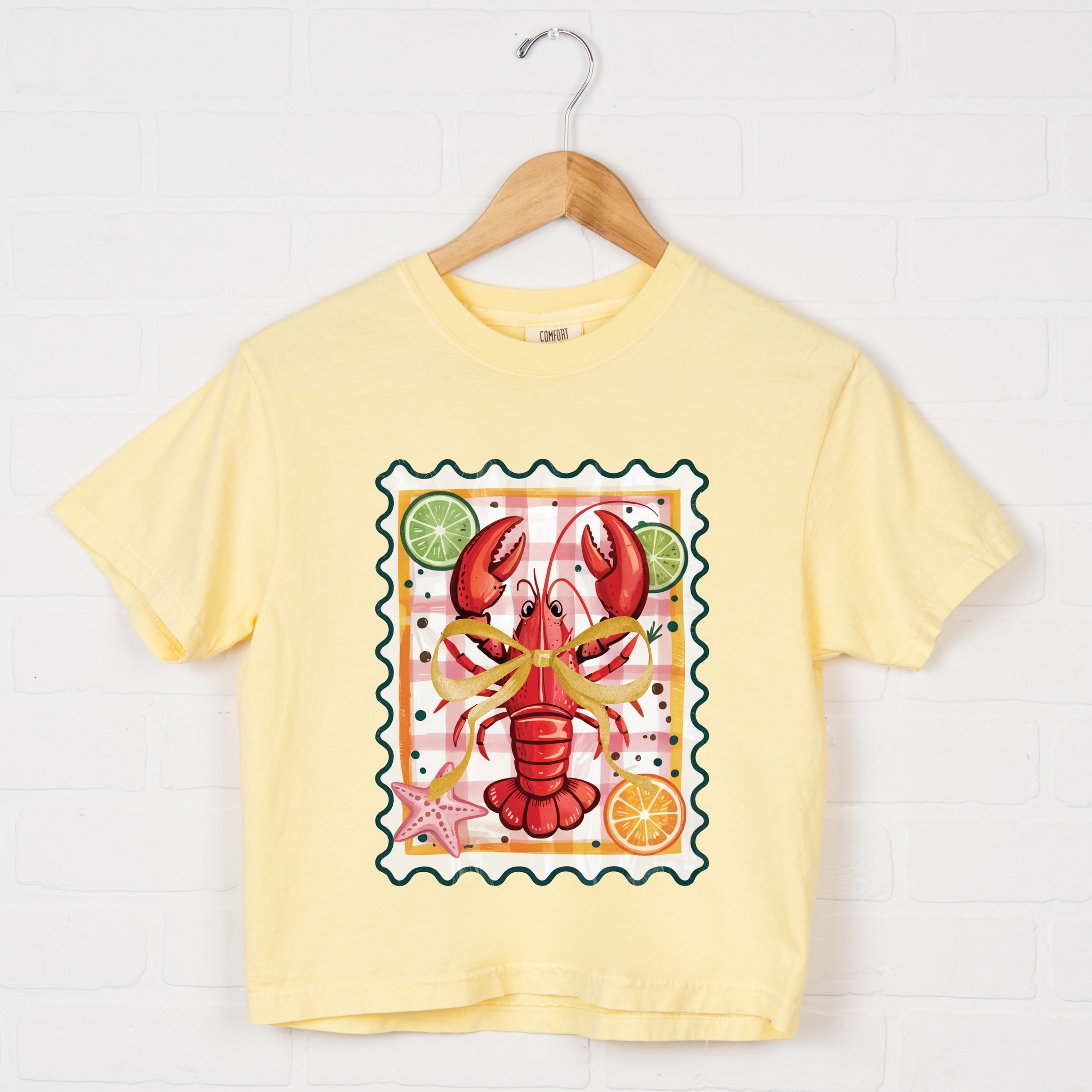 Simply Sage Market - Lobster Stamp Checkered Women's Boxy Crop Top Graphic T-Shirt