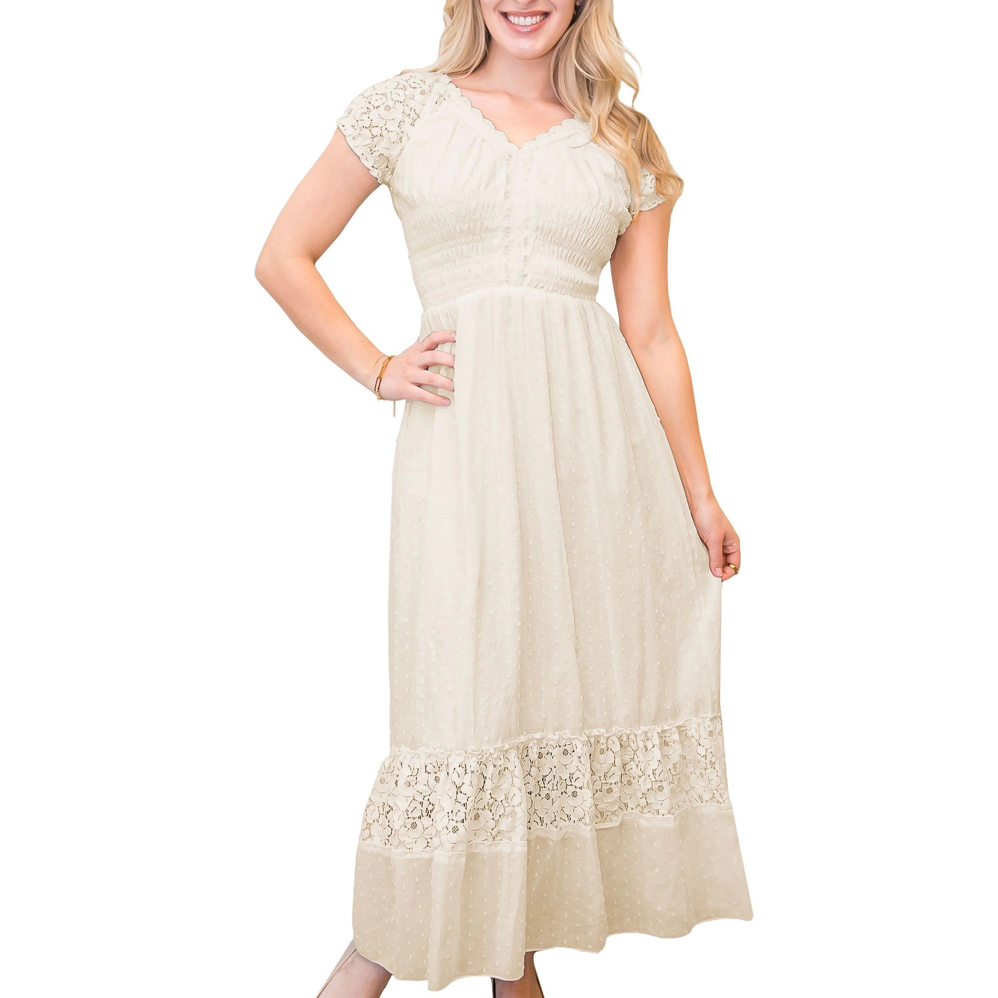Anna-Kaci Women’s Cotton Short Sleeve Maxi Dress with Lace Cap Sleeves and Crochet Hem
