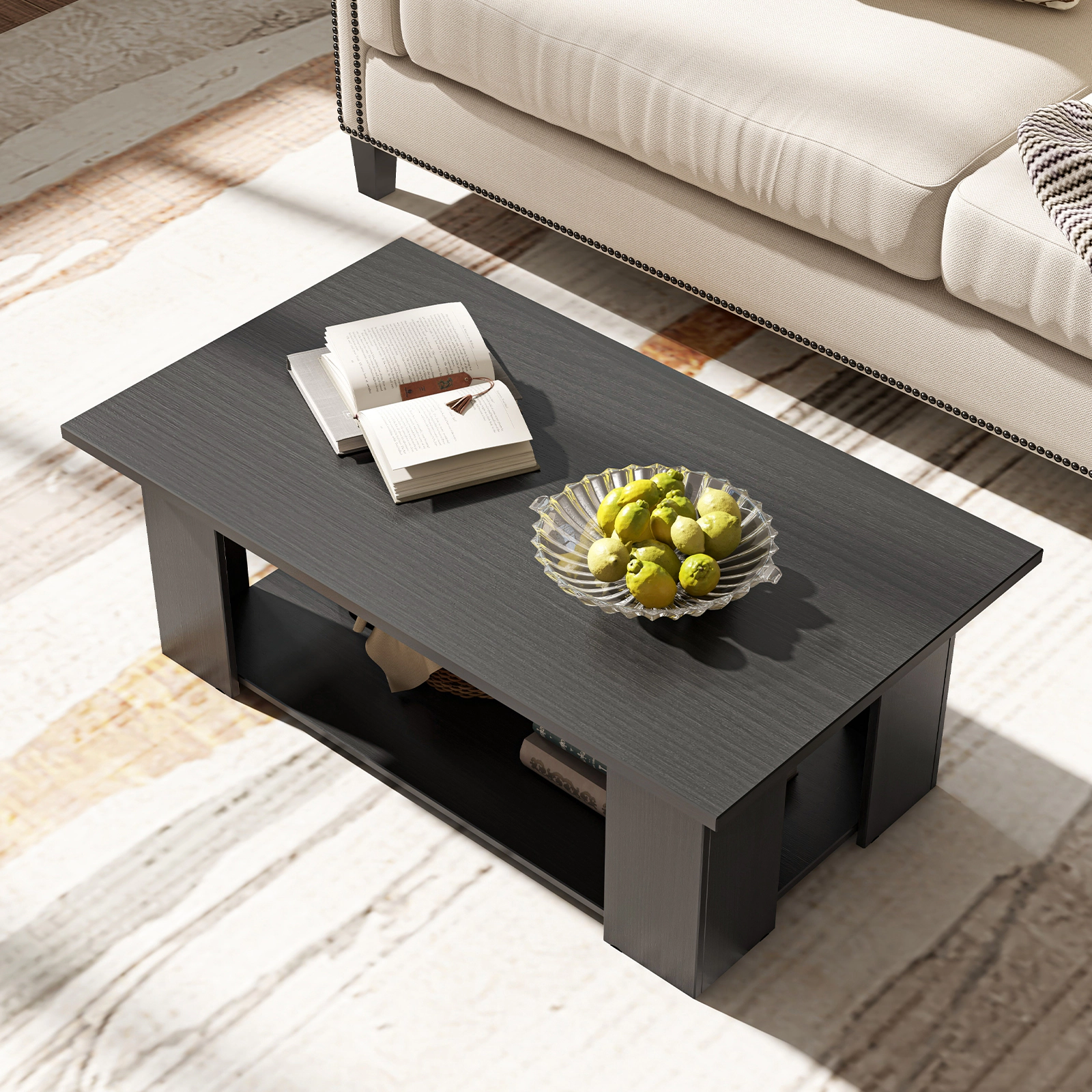Glintex 2-Tier 41-Inch Coffee Table with Wide Open Storage Shelf