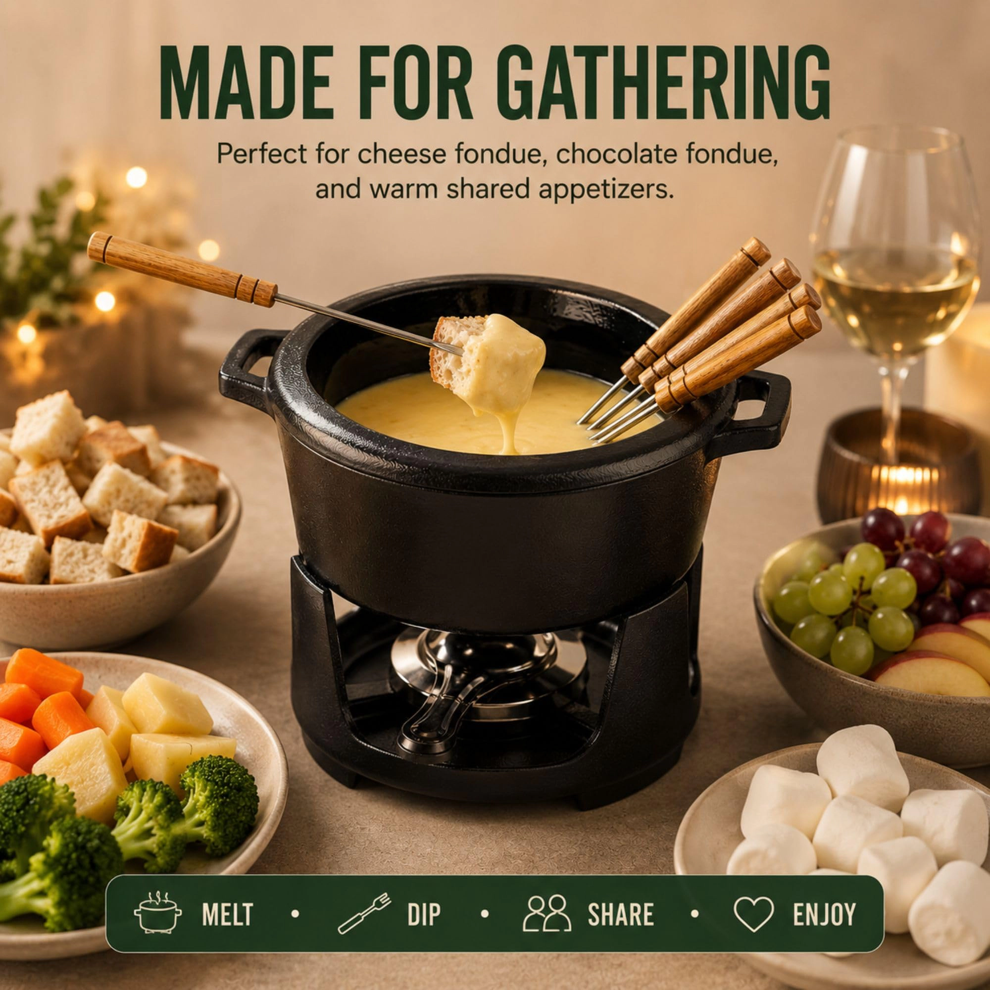 Alva Nori 2.1-Quart Enameled Cast Iron Fondue Pot Set, 8 Forks with Acacia Handles