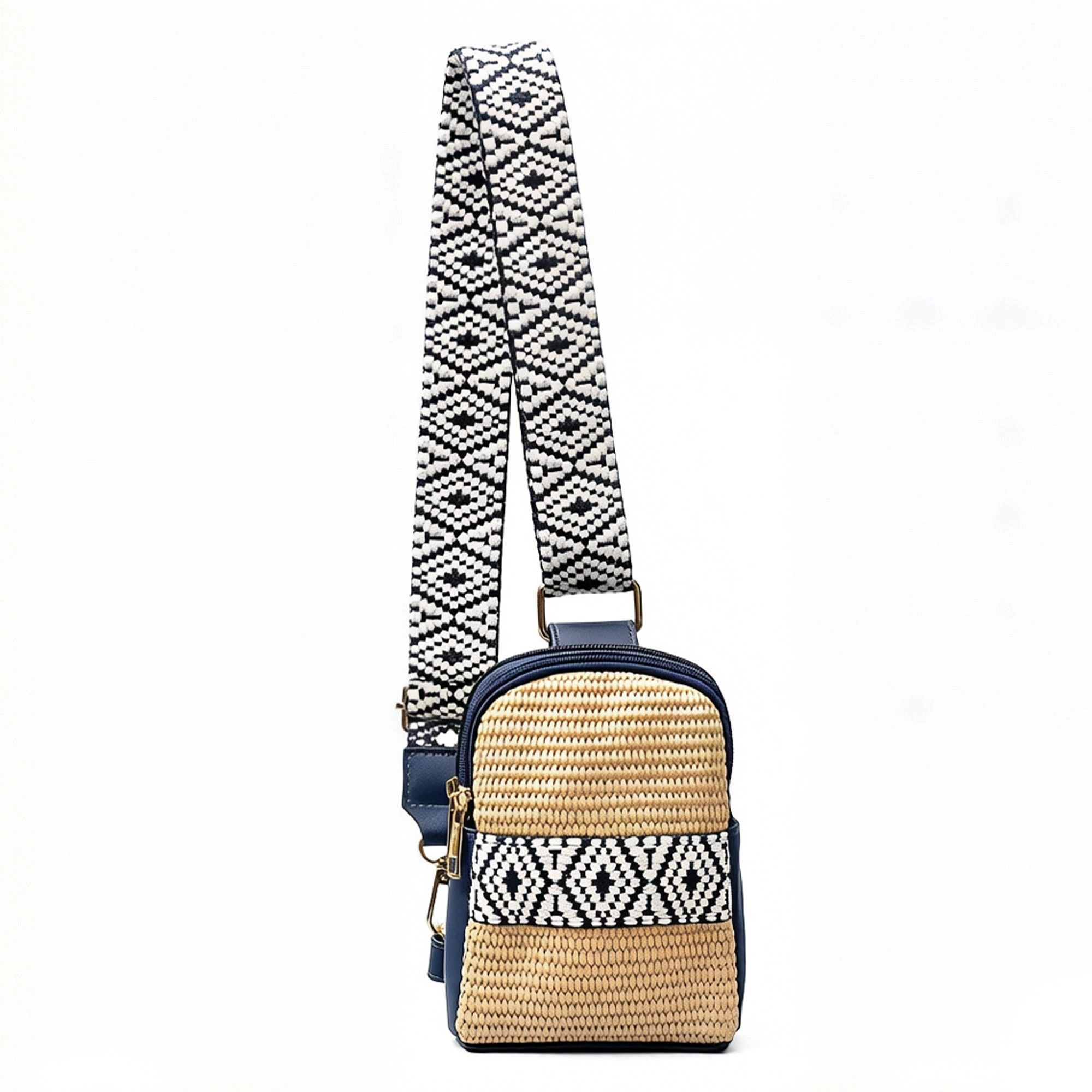 Alilang Women's Woven Straw Crossbody Bag with Pattern Strap Small Mini Shoulder Handbag Zipper Closure
