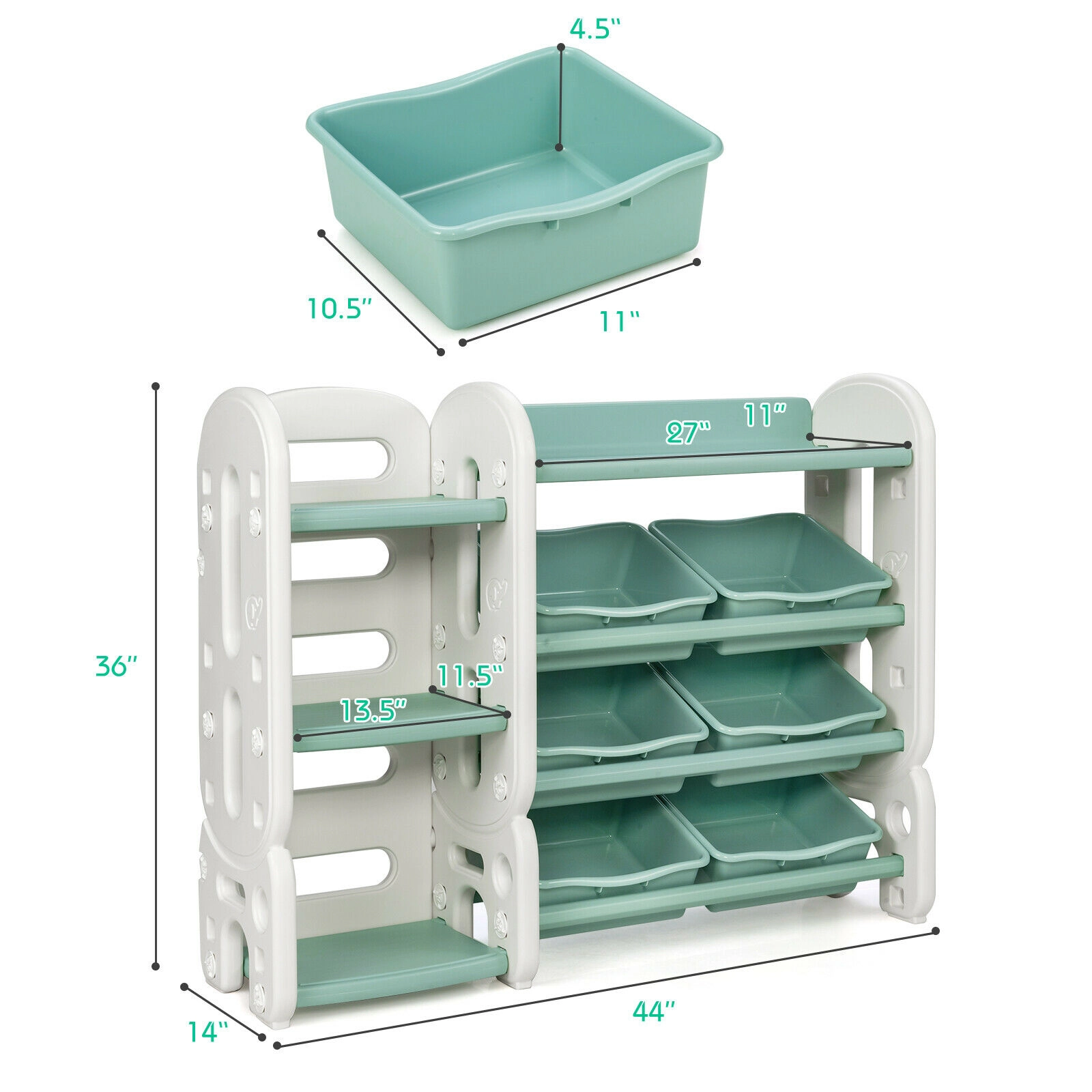 SUGIFT 44-lb Capacity 36-in HDPE Kids Toy Storage Organizer with 6 Tilted Bins and Multi-Layer Bookshelf