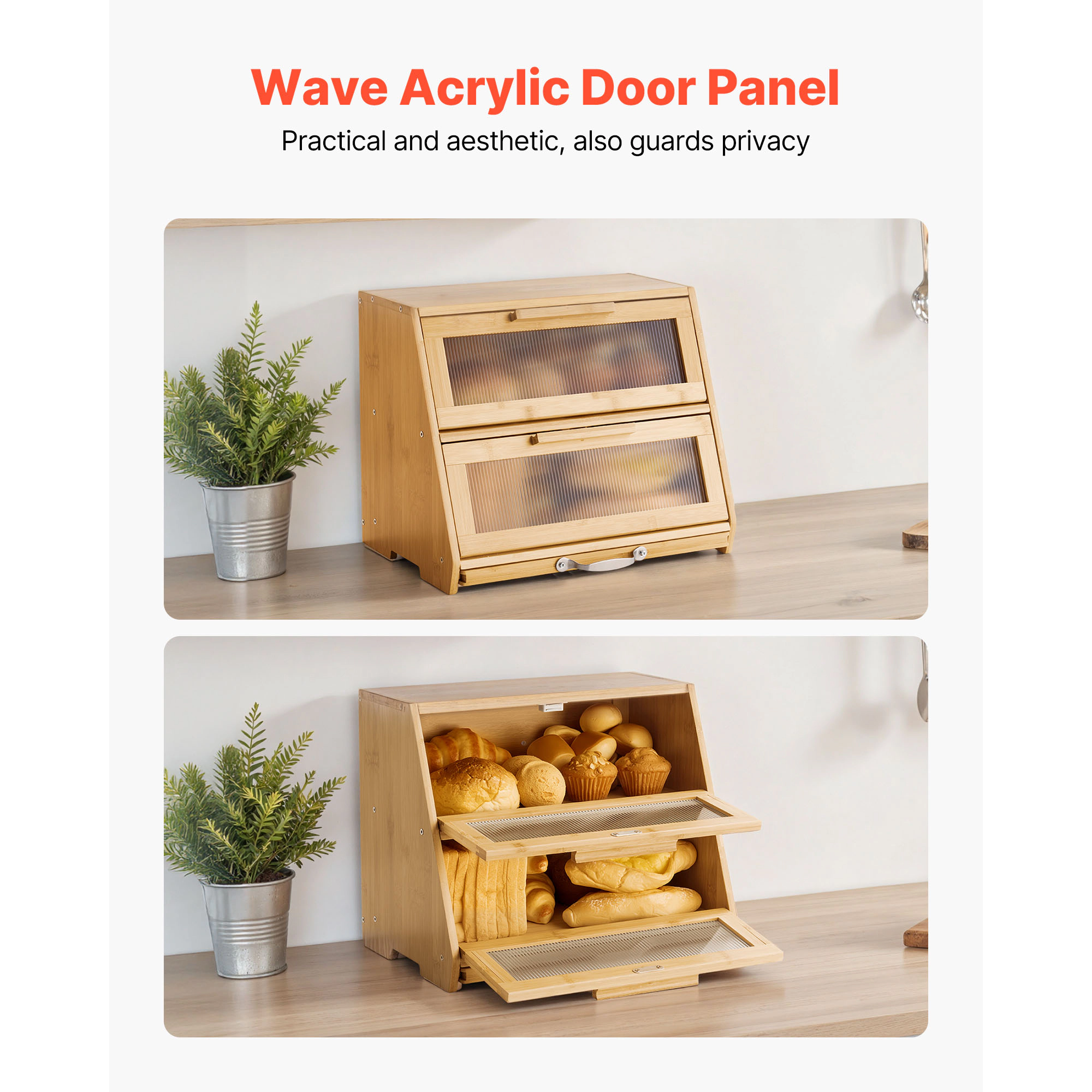 HONGGE Double Layer Bread Box for Kitchen Counter Large Capacity Bamboo Bread Storage Container Farmhouse Wooden