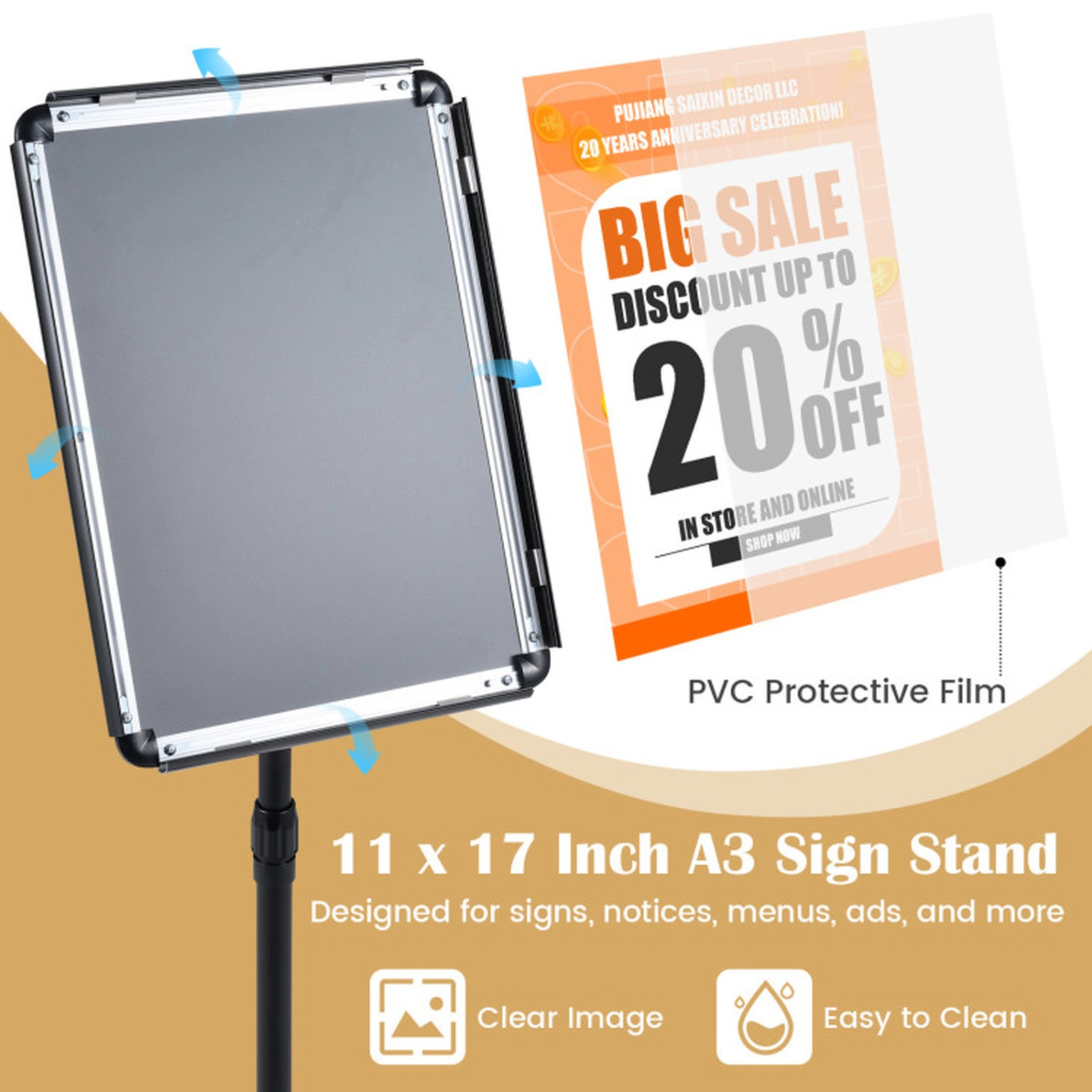 SUGIFT Height Adjustable 11 x 17-in Snap-Open Sign Holder Stand with Telescoping Pole and Fillable Base Black