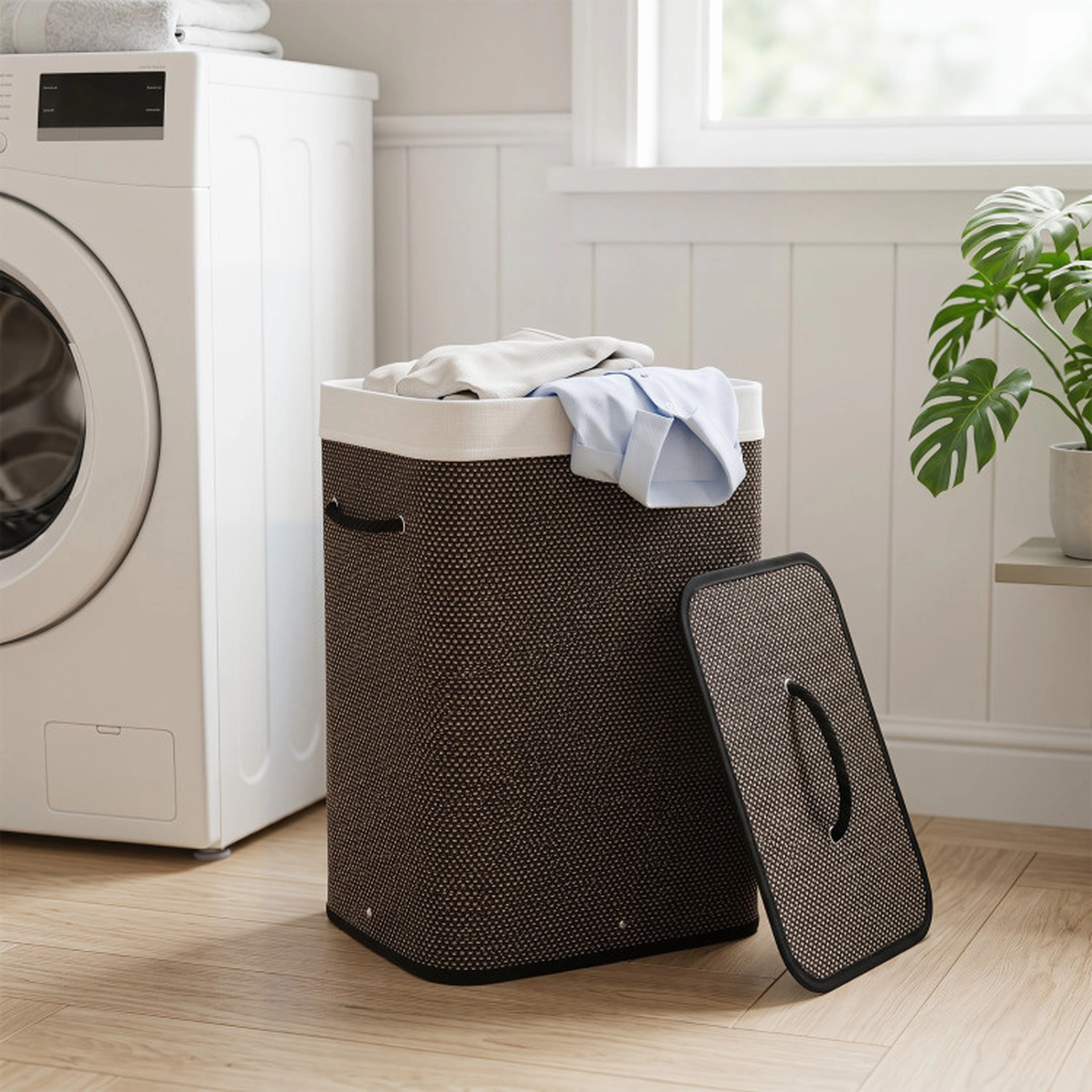 SUGIFT 19 Gal Capacity Bamboo Clothes Hamper with Removable Liner and Portable Handles 22-lb Capacity Black