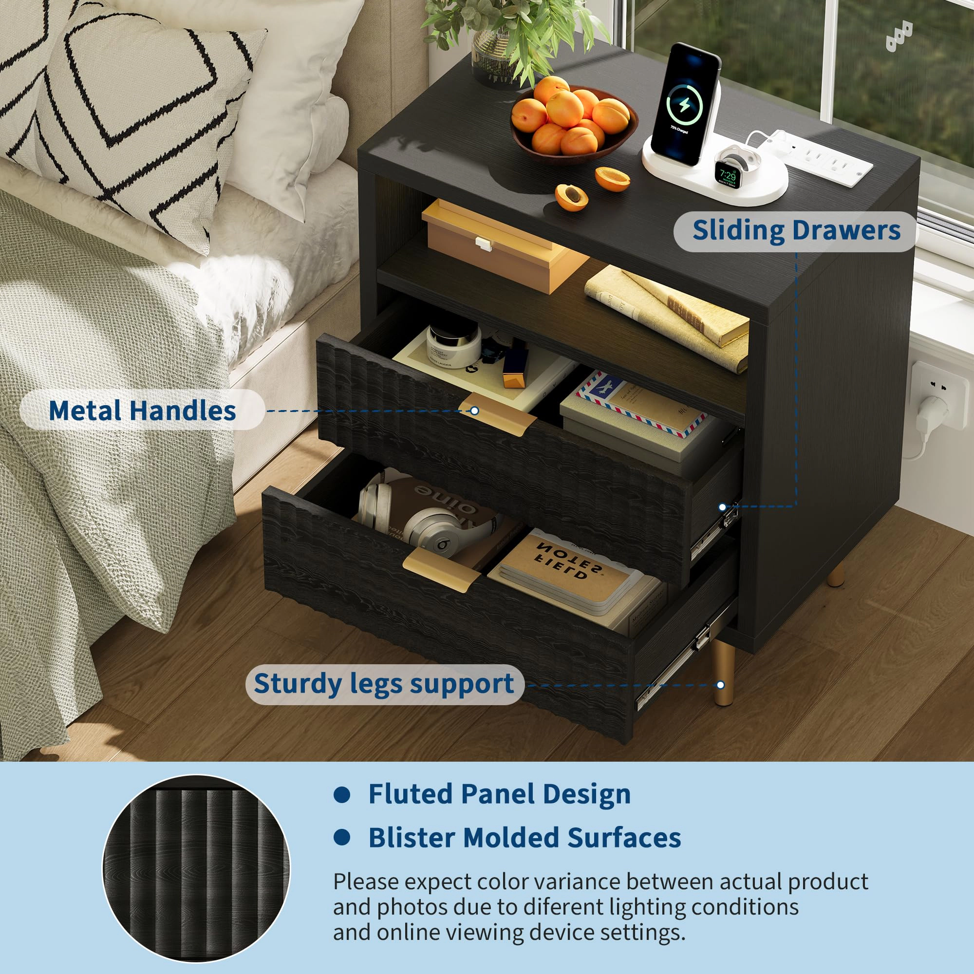 Nightstand with Charging Station and RGB LED Lights, 2-Drawer Fluted Bedside Table Open Shelf