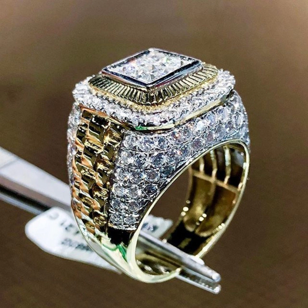 Two‑Tone Iced‑Out Square CZ Ring Hip Hop Full Pave Crystal Statement Ring