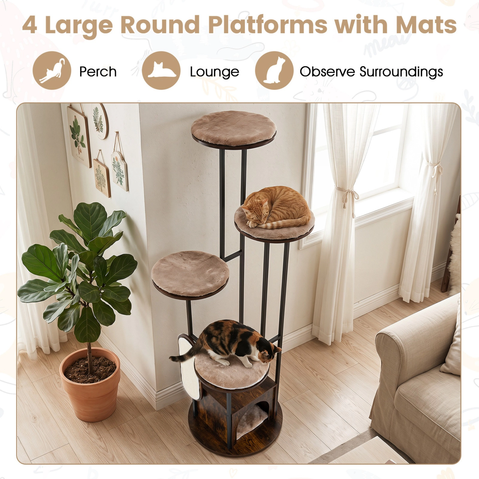 SUGIFT 72-in Tall Multi-Level Cat Condo Tree with Top Perch Platforms 22-lb Capacity Rustic Brown