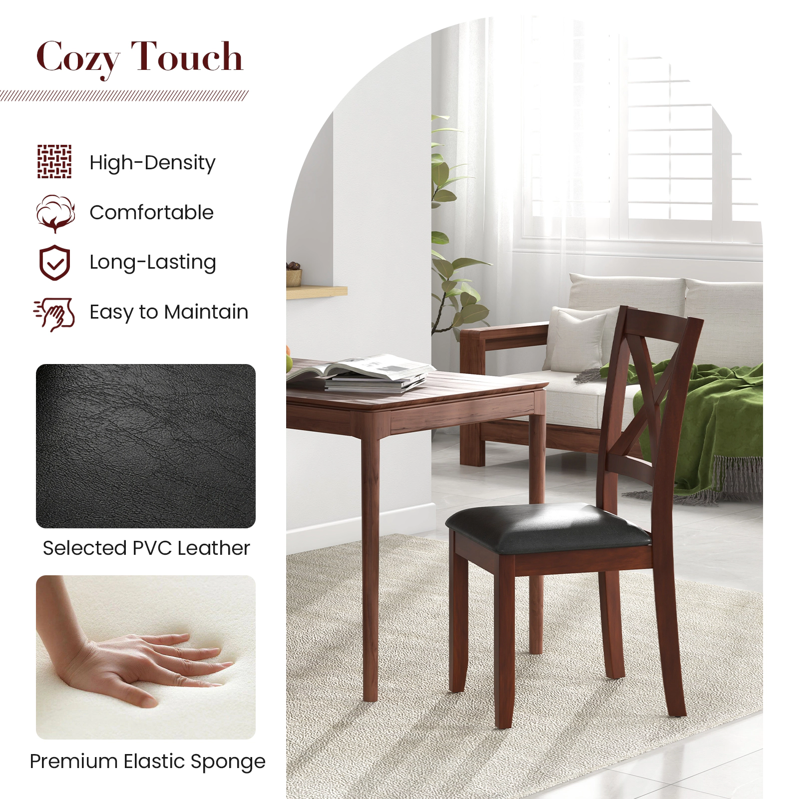 SUGIFT Set of 2 Wooden Kitchen Dining Chairs with Padded Seat and Rubber Wood Legs 355-lb Capacity Brown and Black